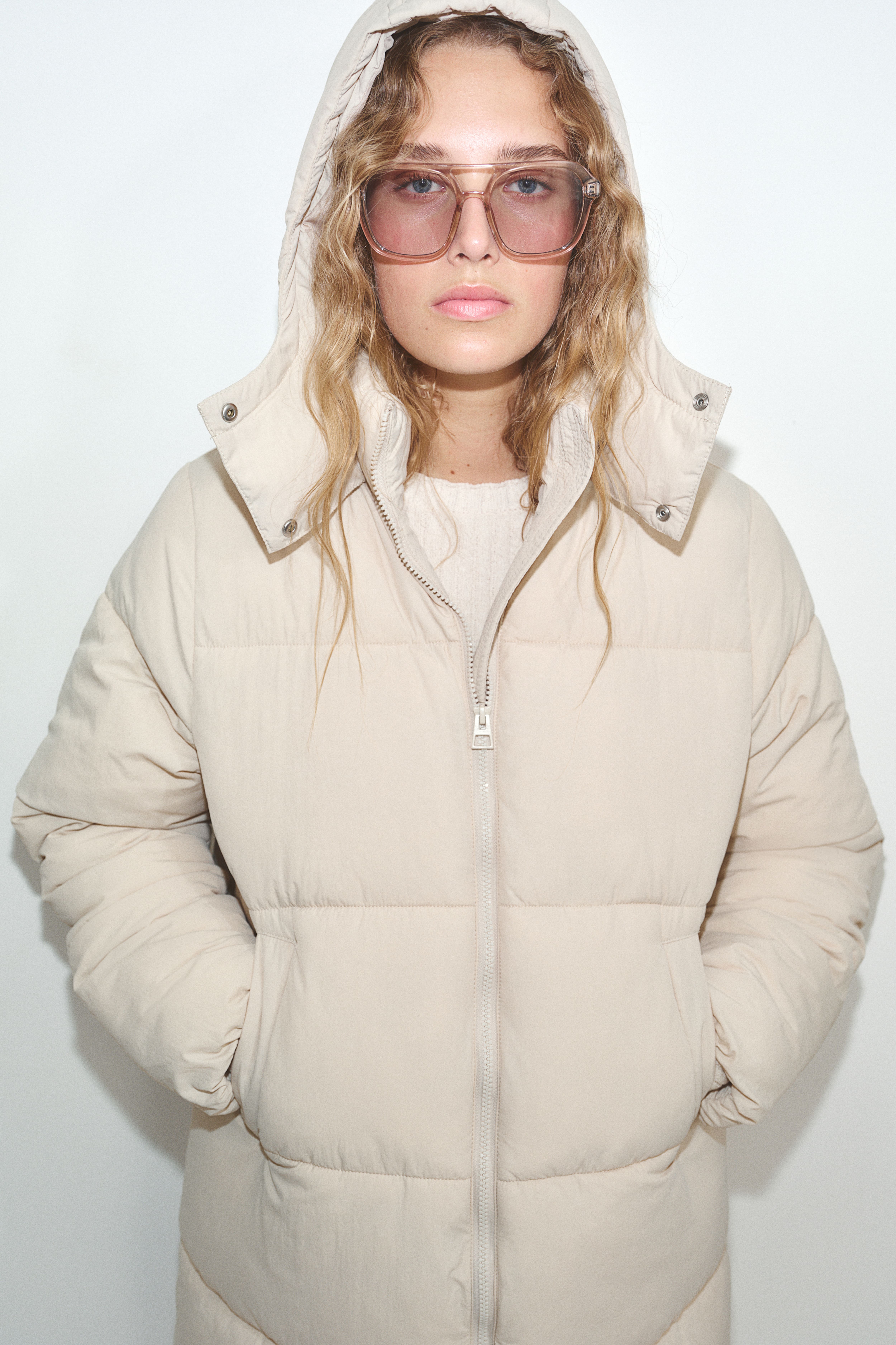 Beige puffer coat with hood sale