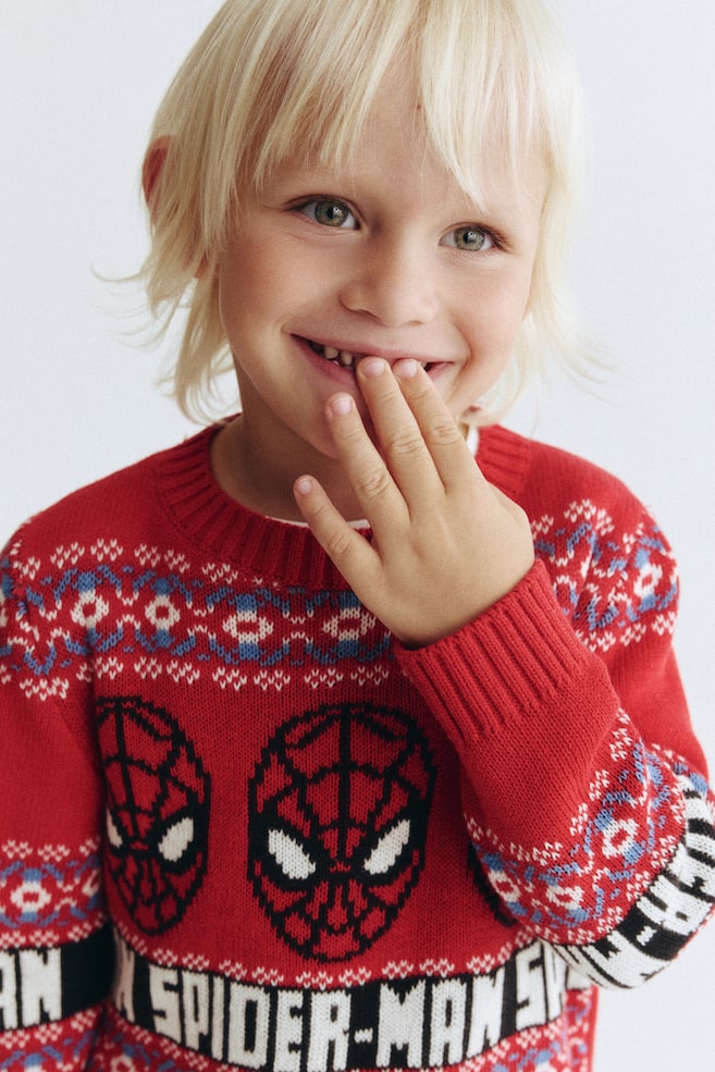 Pullover in maglia di cotone jacquard - Rosso/Marvel Comics/Giallo senape/SmileyWorld® - 4