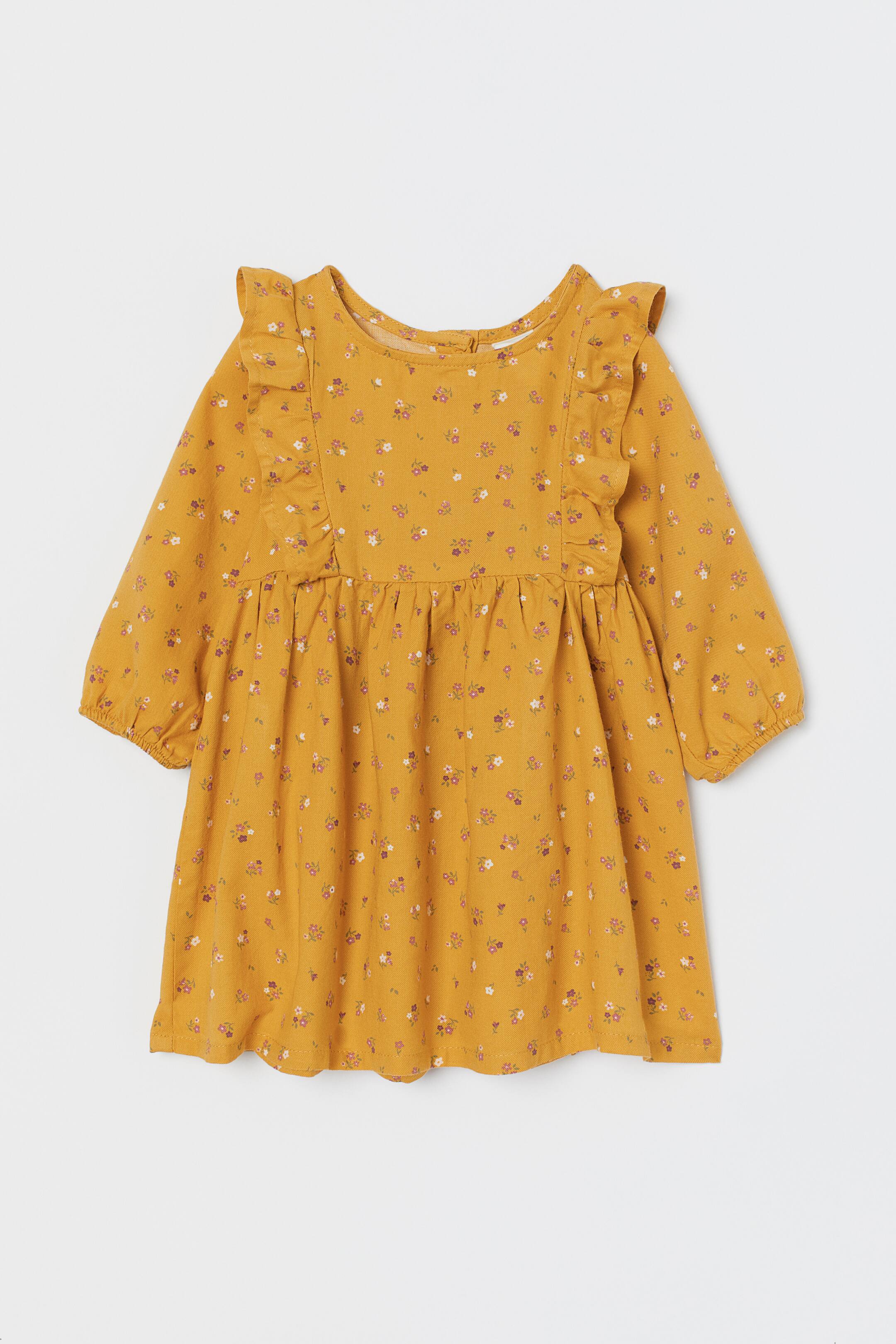 Patterned flounced dress - Round neck - Long sleeve - Yellow/Floral ...