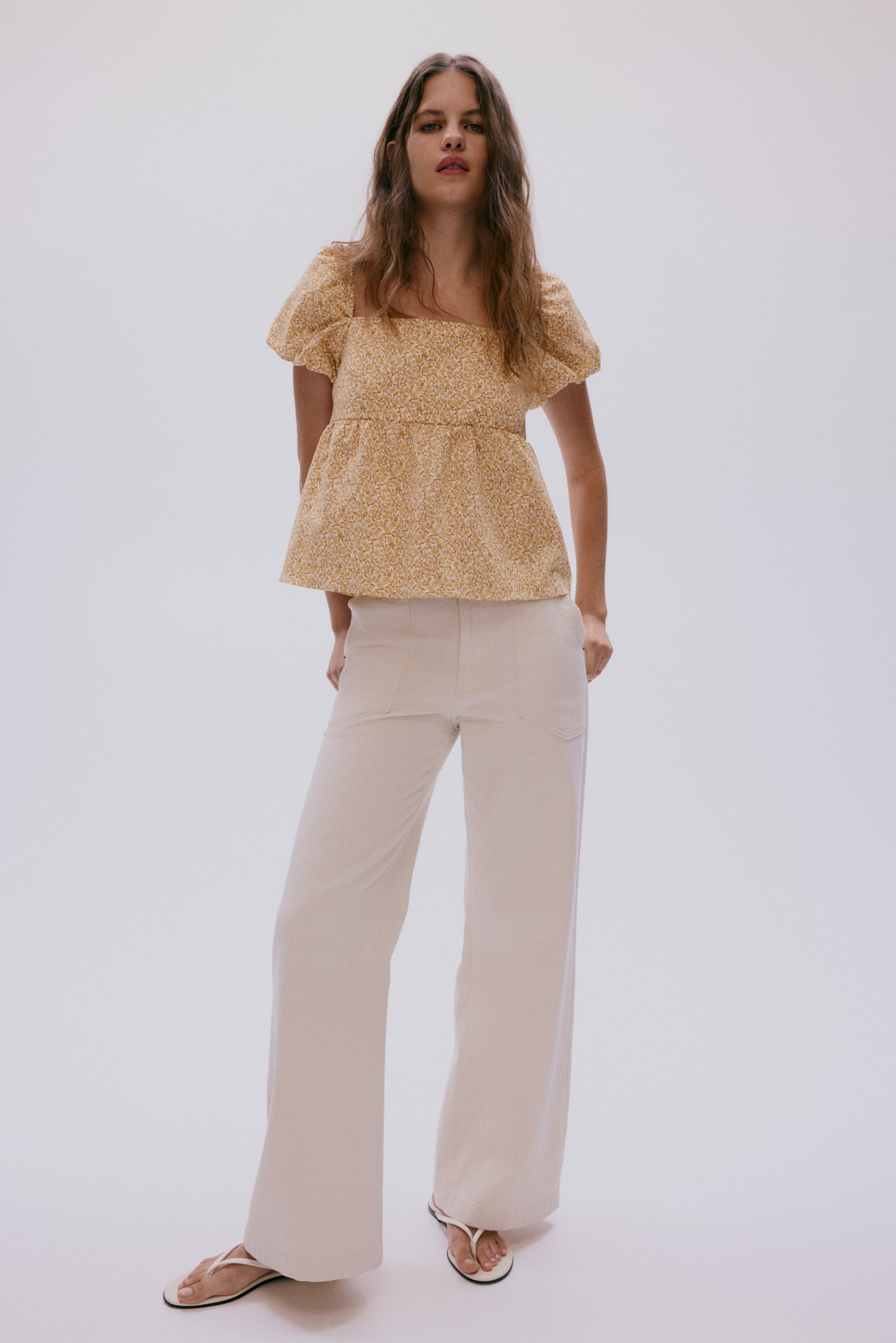 Tie-back puff-sleeved top - Beige/Floral/Dark denim blue/Cream - 4
