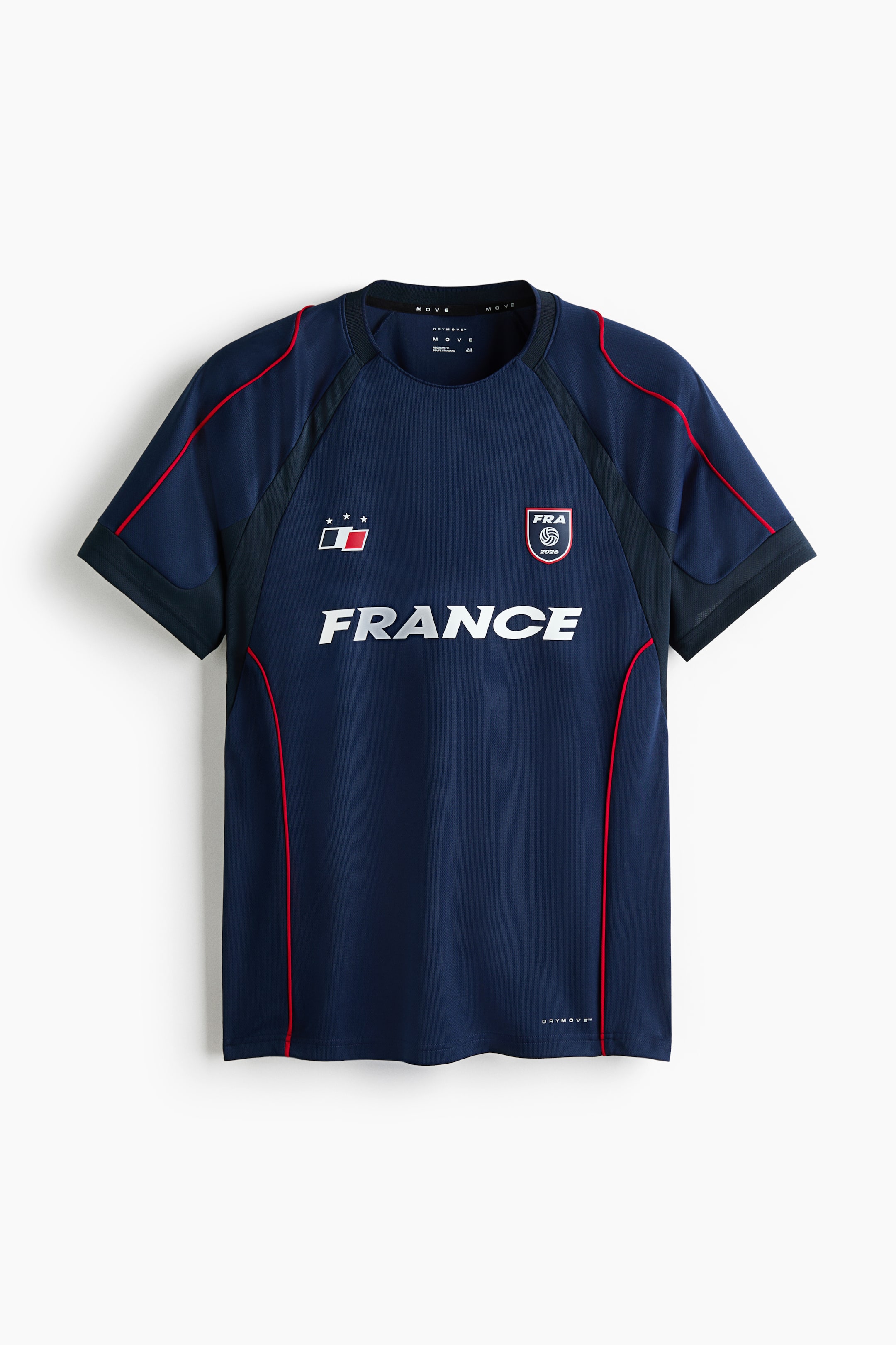 View larger image: A dark blue short-sleeved t-shirt is facing front, featuring a crew neck, red piping along the raglan seams and sides, and darker blue mesh panels under the arms. The word 'FRANCE' is printed in white across the chest, with a rectangular emblem and three stars on the left chest and a shield emblem with 'FRA' and '2024' on the right chest. The text 'DRYMOVE' is also visible on the lower right hem.