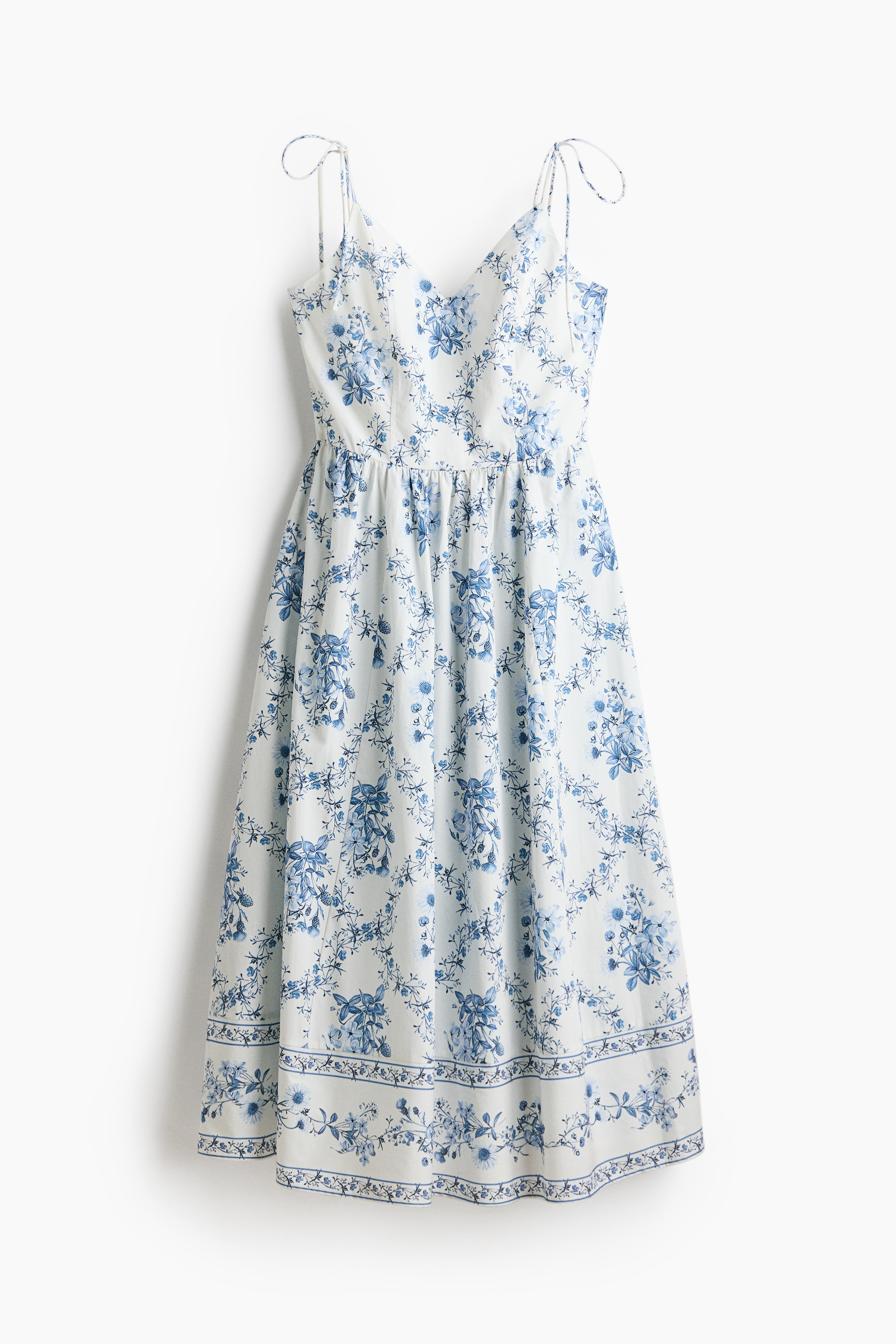 Flared-Skirt Strappy Dress - White/blue floral/White/floral