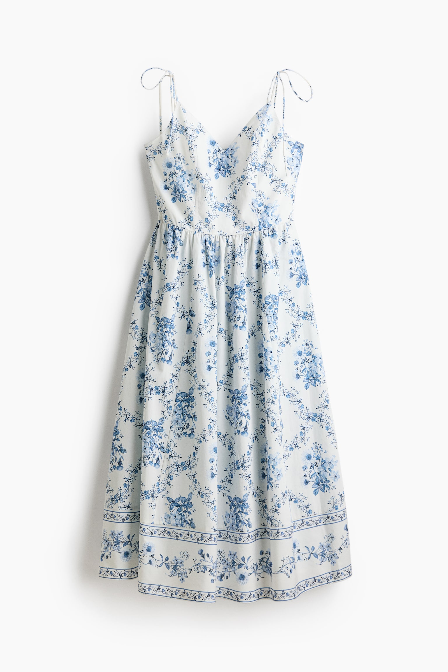 Flared-Skirt Strappy Dress - White/blue floral/White/floral - 1