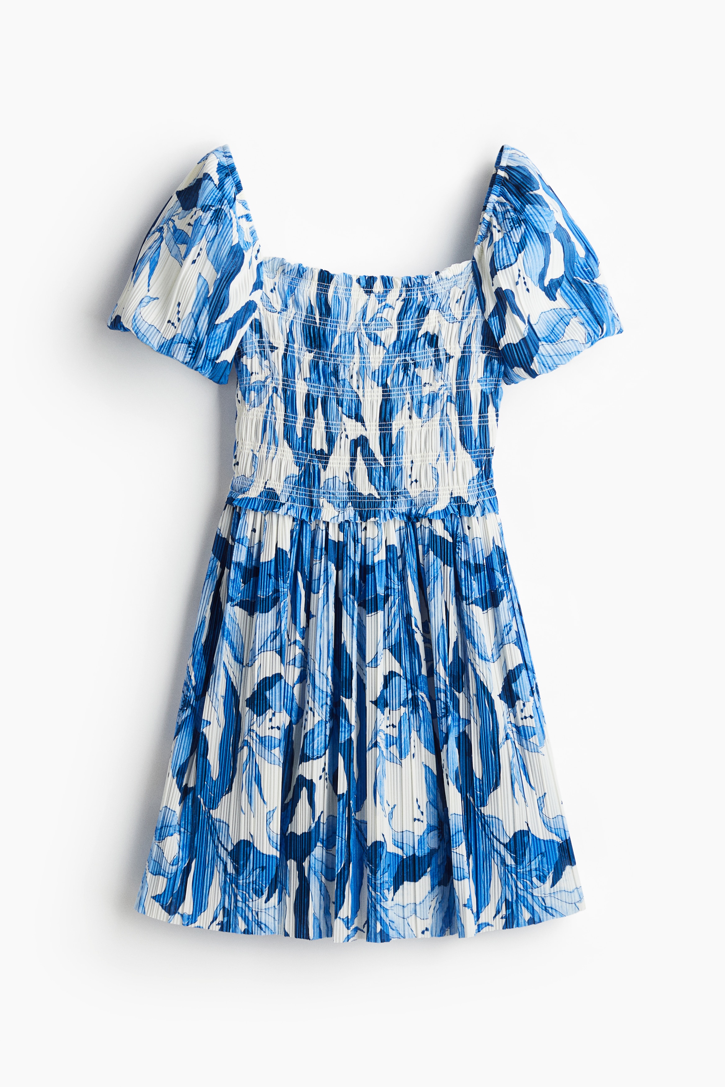 Smocked-Bodice Crinkled Dress - White/blue floral/White/red patterned