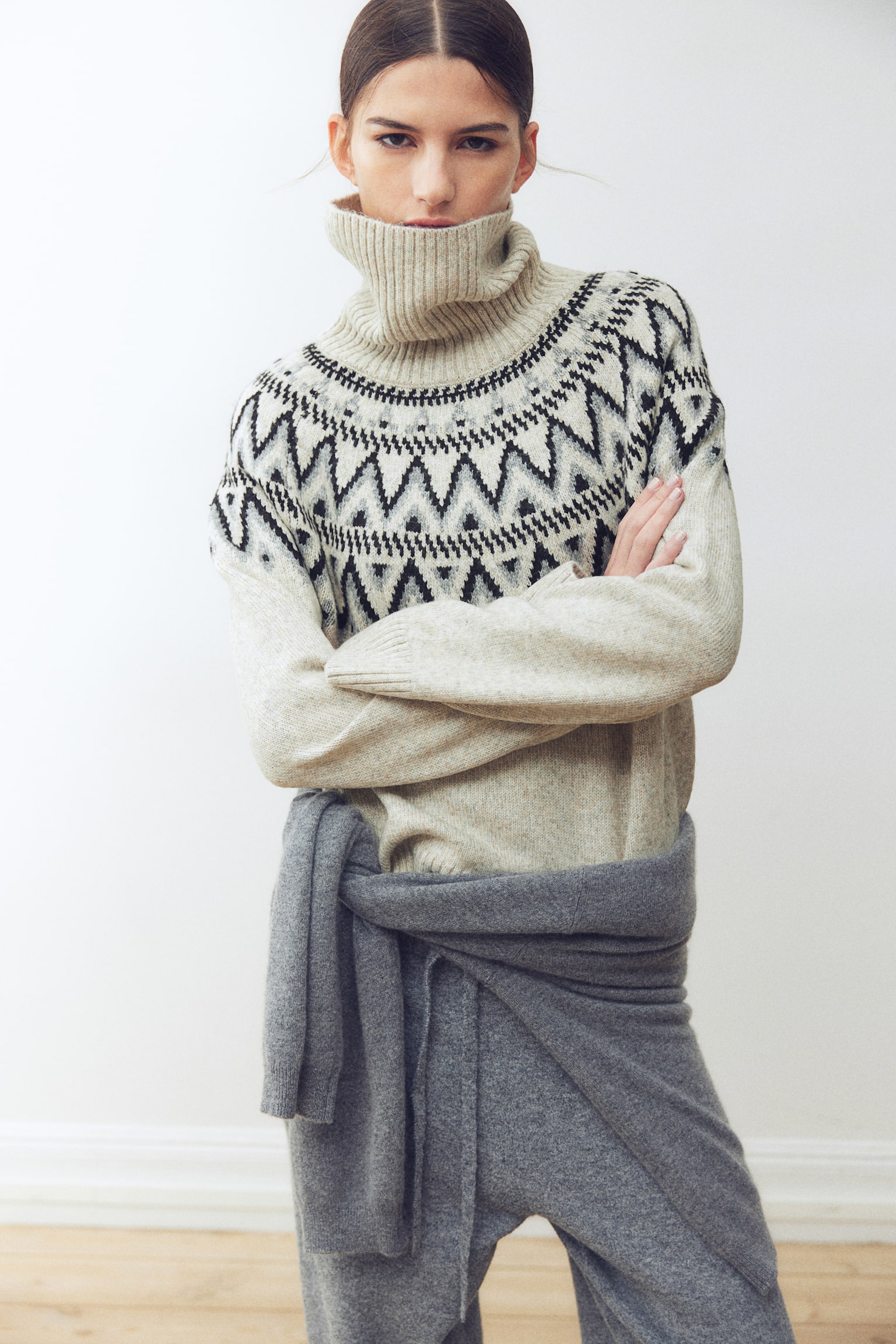 Jacquard-knit polo-neck jumper - Light beige marl/Patterned/Greige/Patterned/Navy blue/Patterned - 1