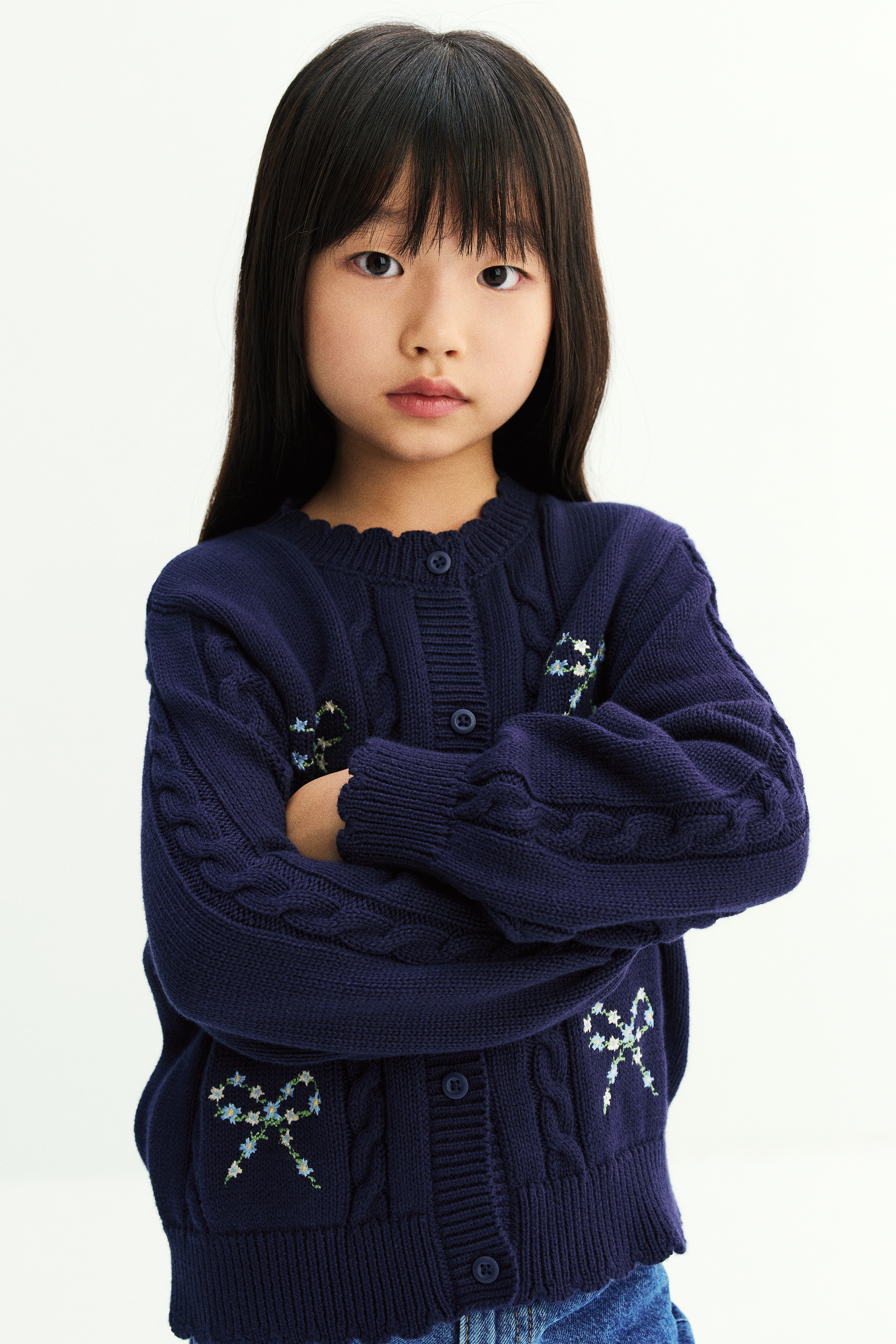 刺繍ディテール コットンカーディガン - ダークブルー／リボン - Kids