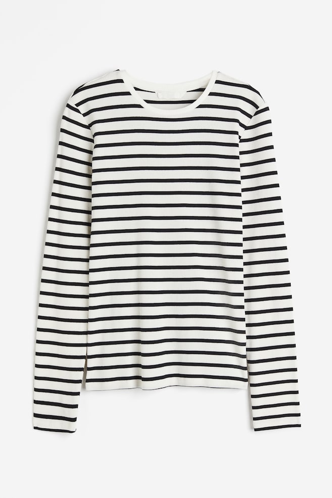 Ribbed long-sleeved top - White/Striped/Black/White/Dusty green - 2