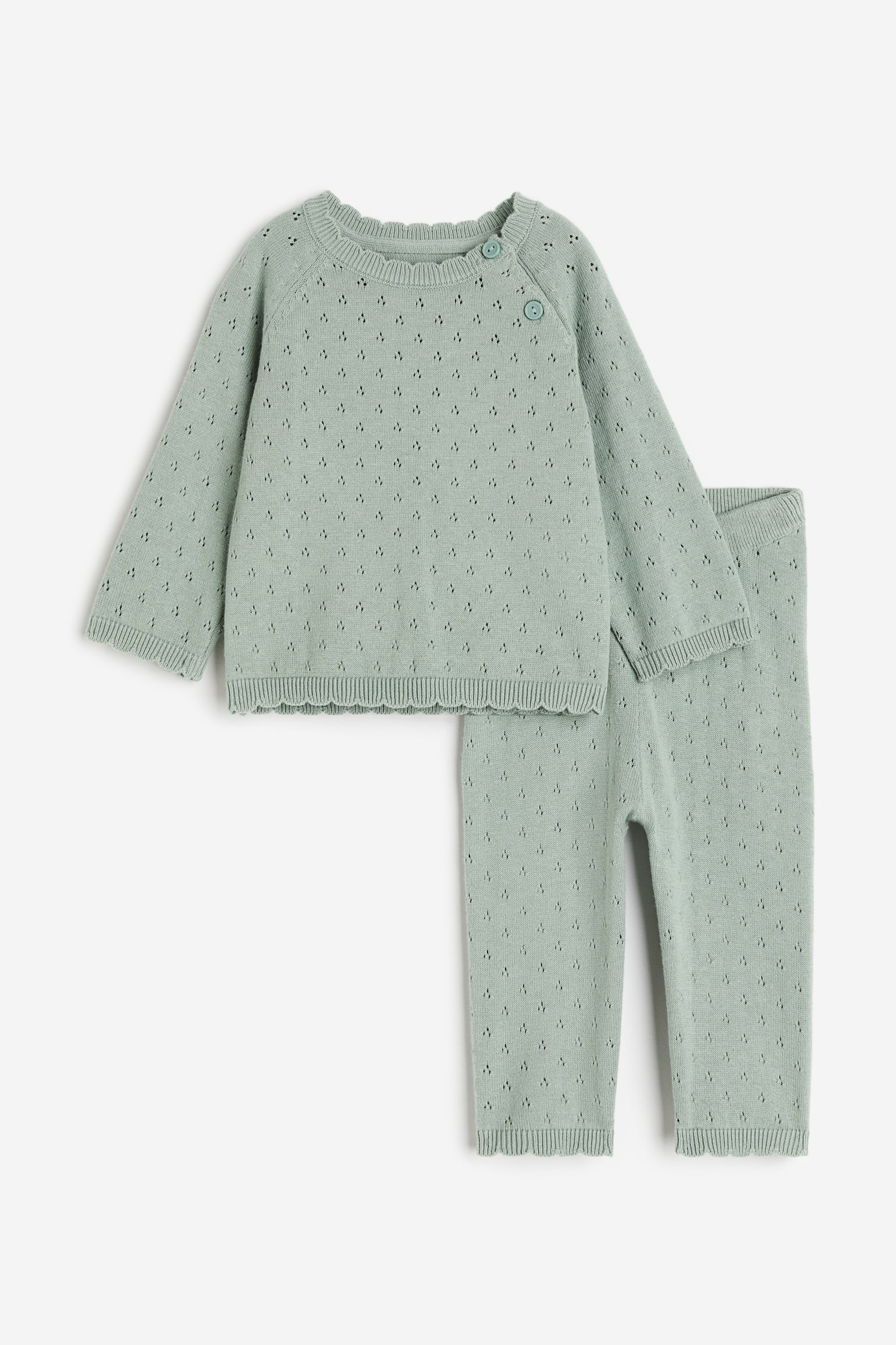 2-piece Pointelle Knit Set - Dusty green/Beige - 1