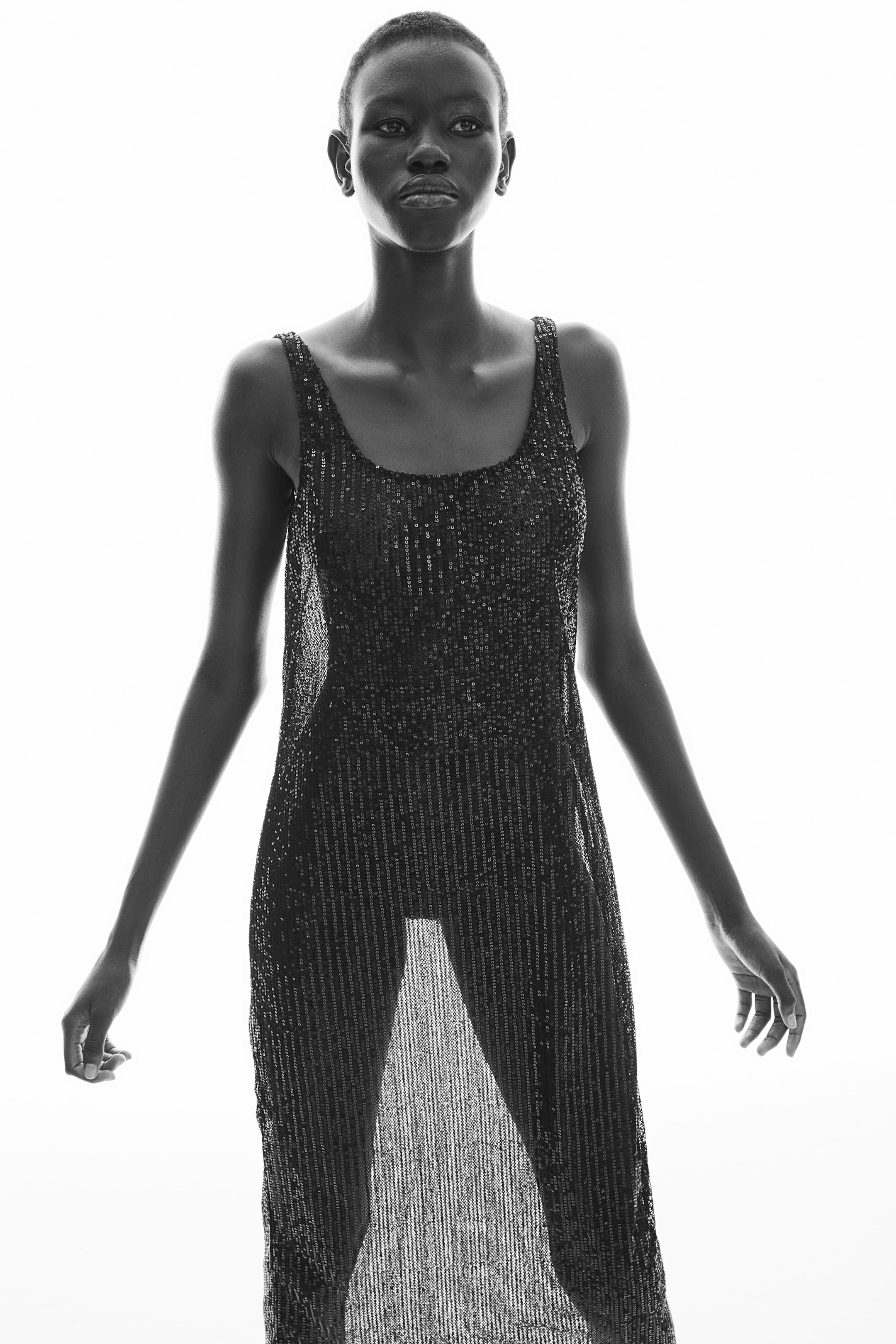 Sequined Fishnet Dress - Low-cut Neckline - Sleeveless - Black - Ladies ...