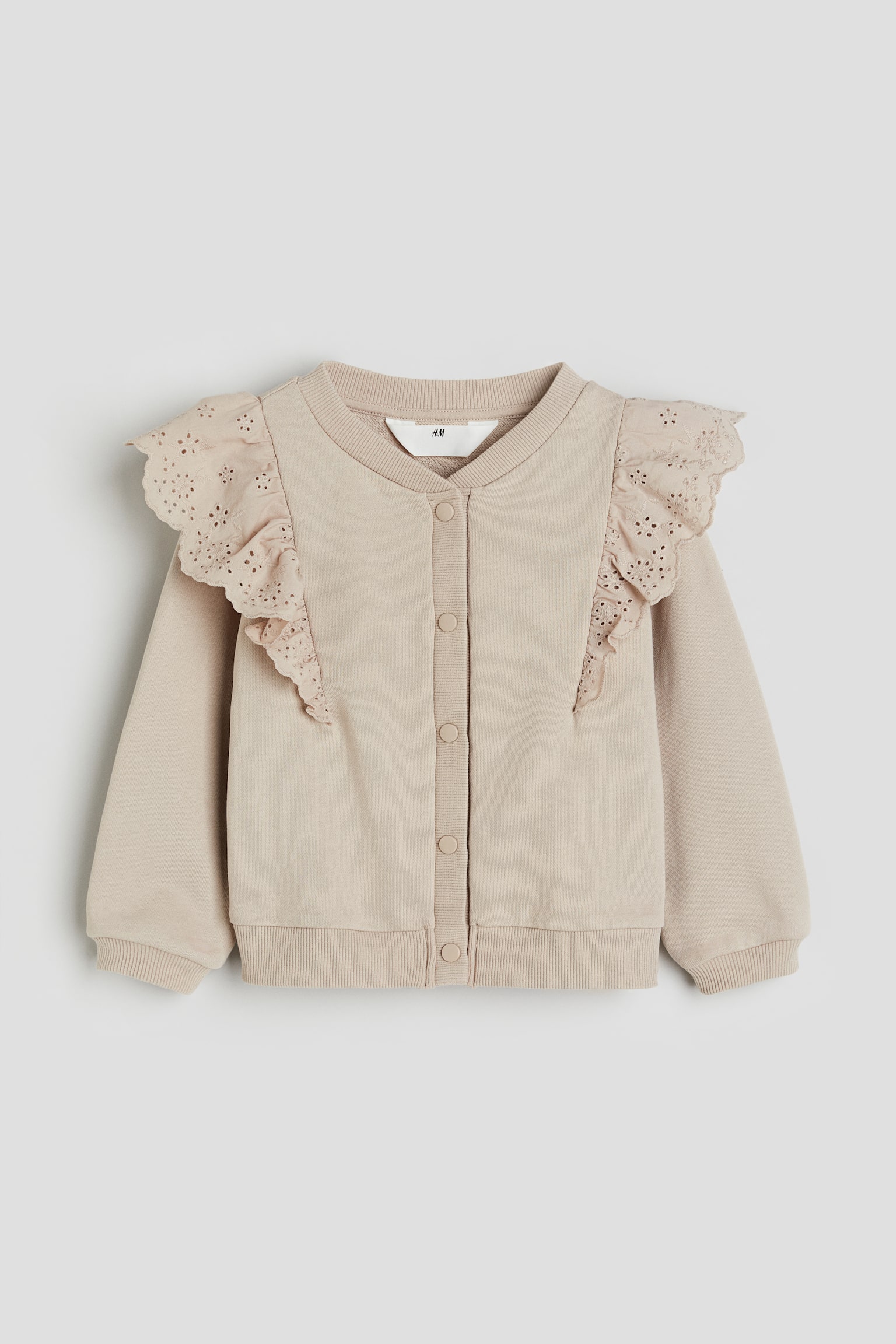 Frill-trimmed sweatshirt cardigan - Beige/White - 1