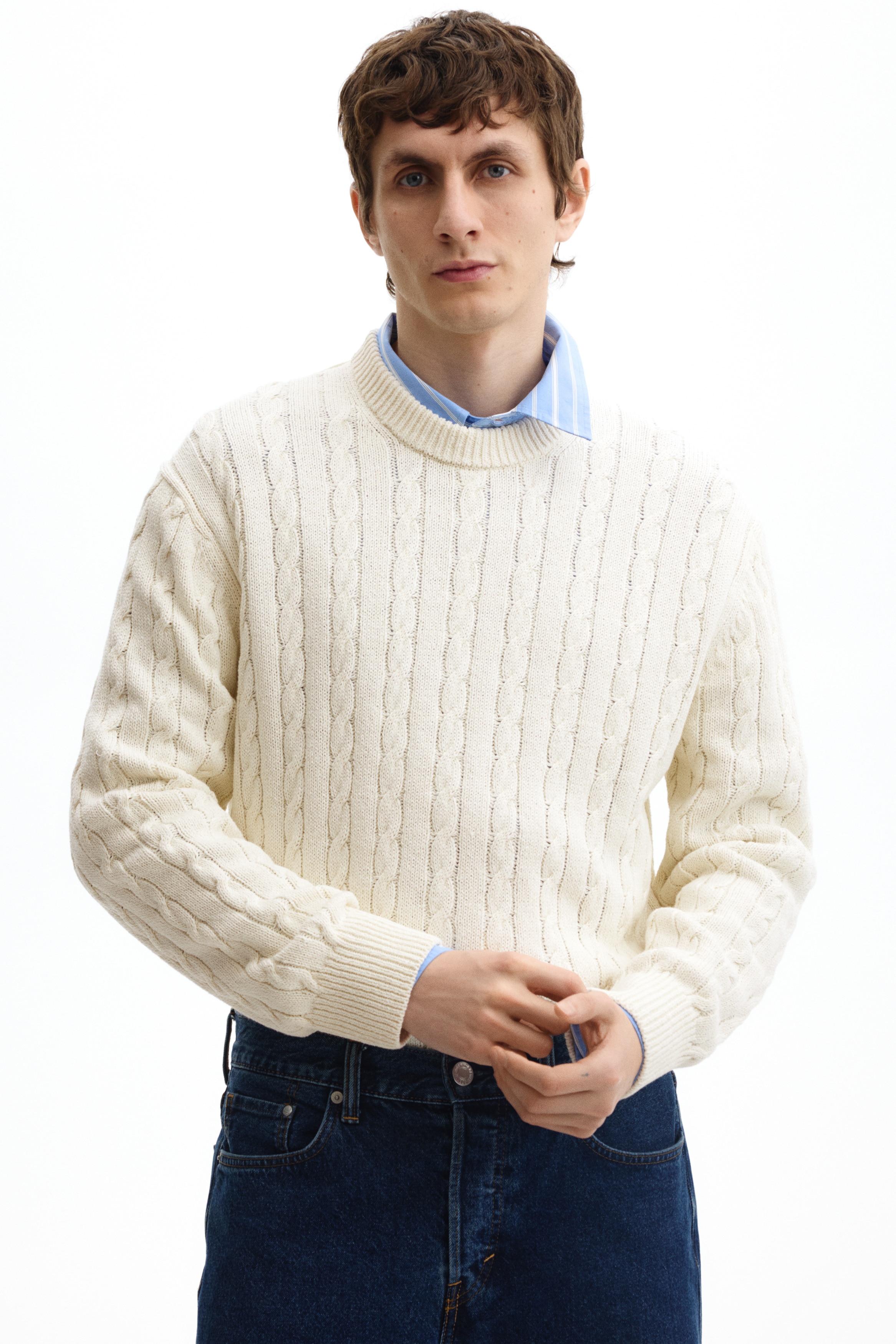 Regular Fit Cable-knit jumper - Cream/Mørk grønn