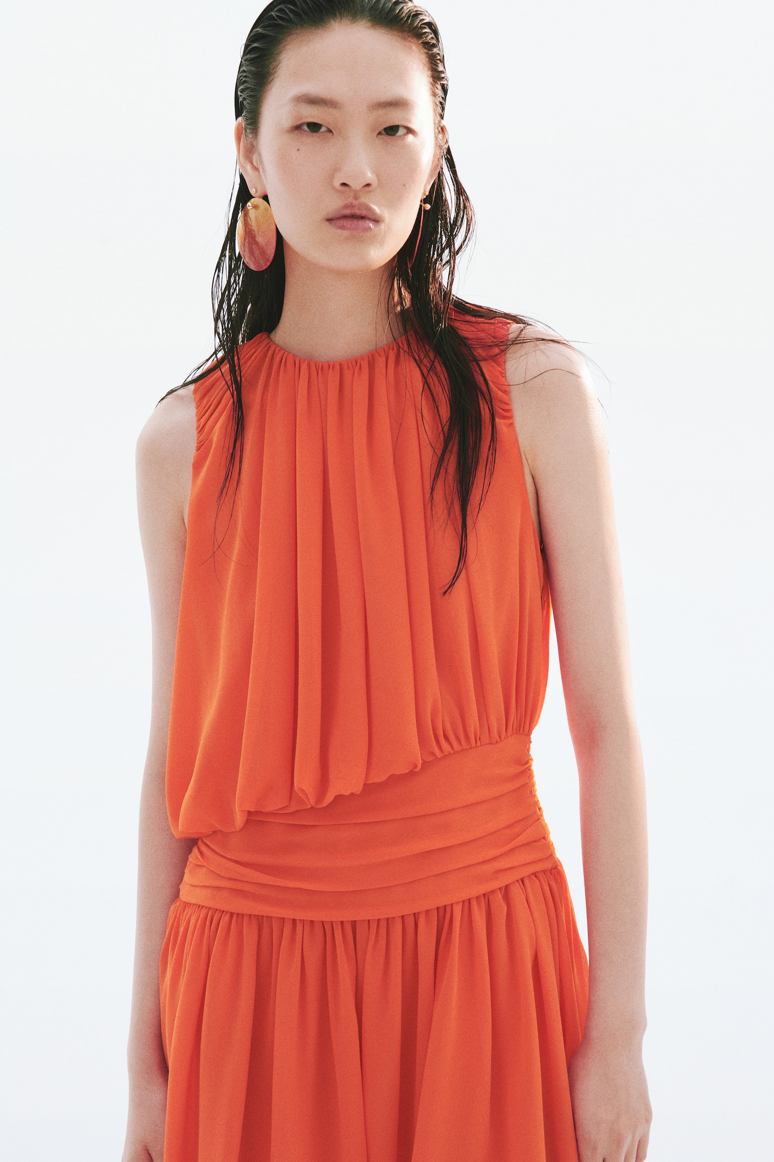 Draped bubble-hem dress - Bright orange - 1