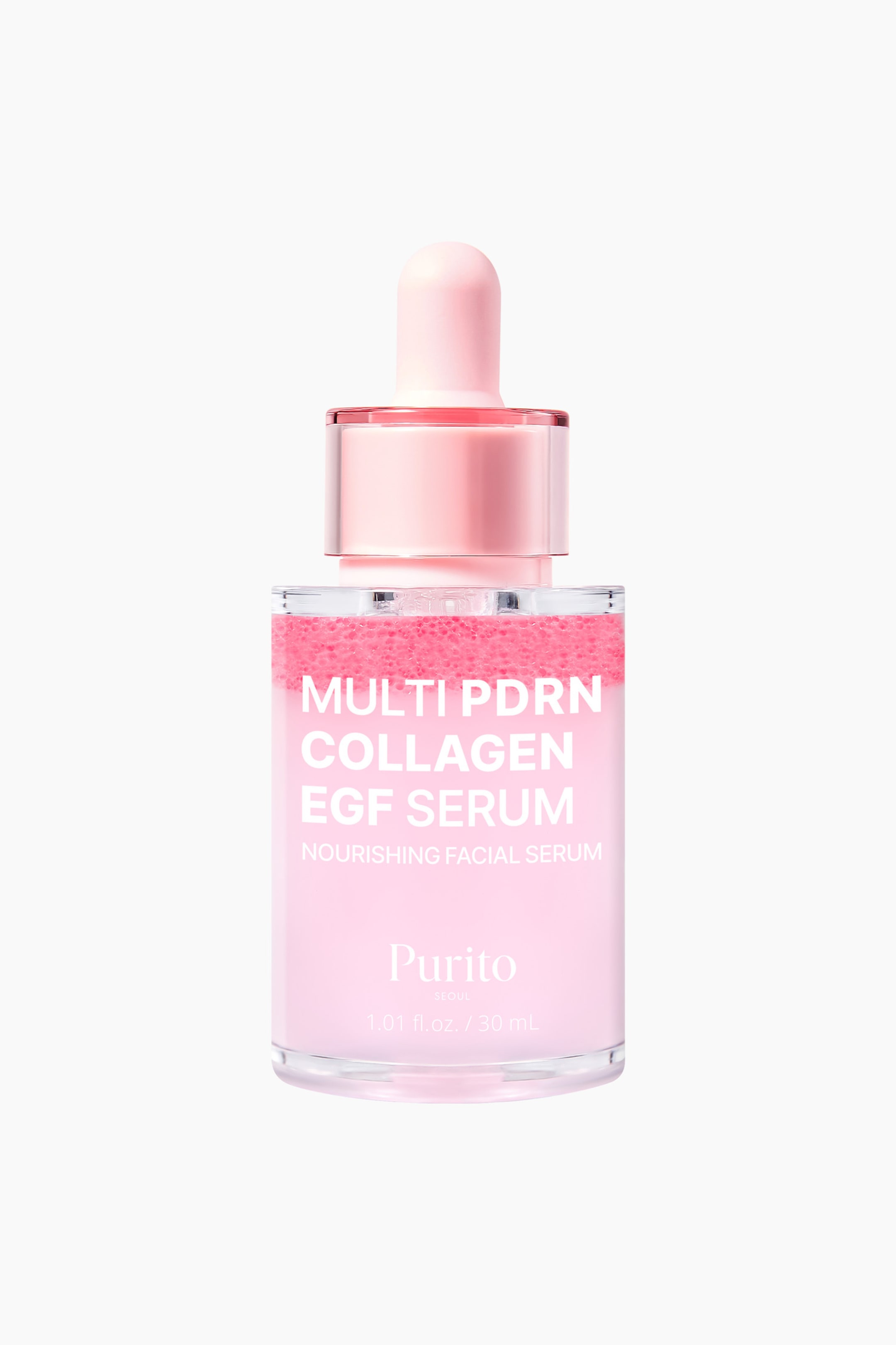 Se større billede: En flaske Purito Multi PDRN Collagen EGF Serum står oprejst og vender fremad. Den gennemsigtige cylindriske flaske indeholder en lyserosa væske med et tydeligt lag af klart lyserøde bobler øverst og er udstyret med en matchende lyserosa pipettehætte.