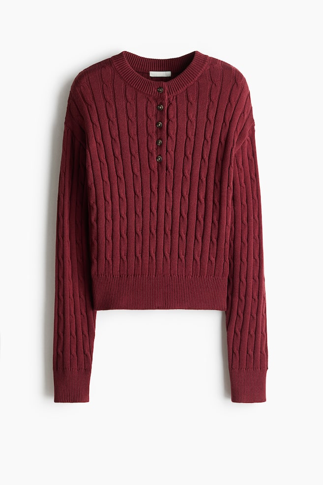 Button Top Cable Knit Sweater - Burgundy/Beige/Cream - 1