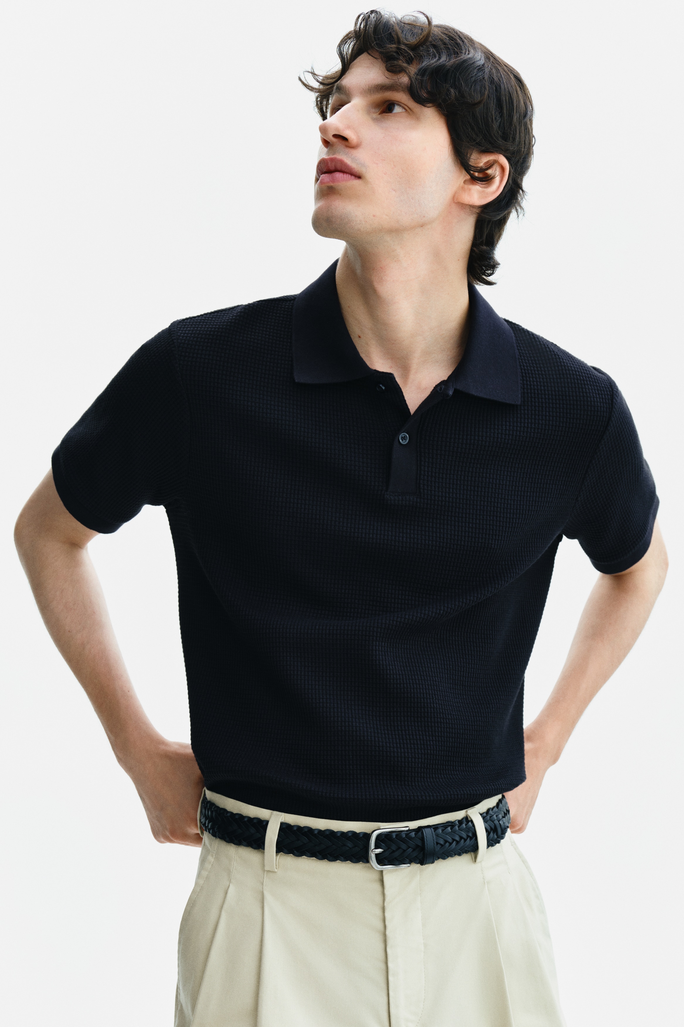 スリムフィット ワッフルニットポロシャツ - ブラック - Men | H&M JP