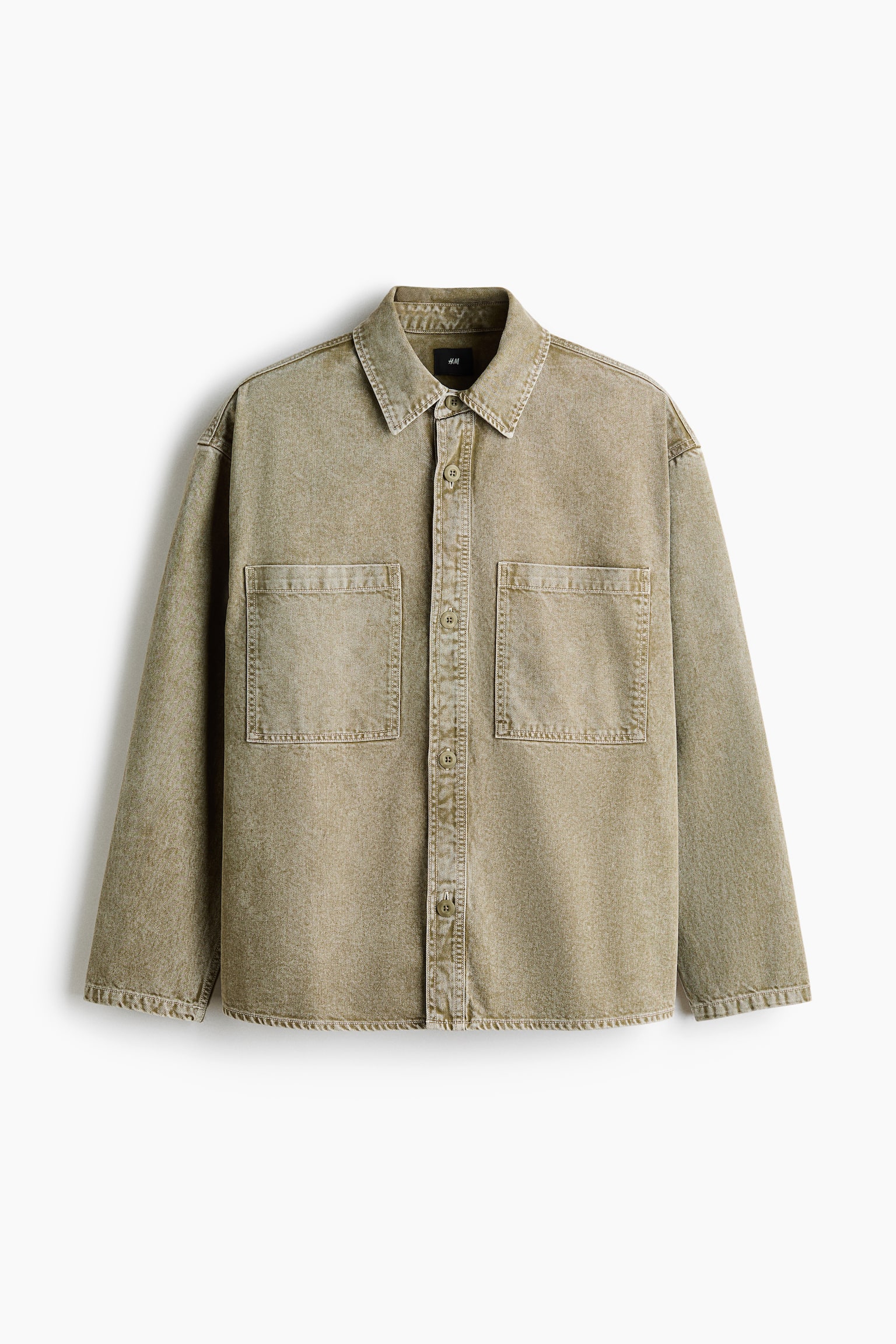 水洗效果斜紋夾克襯衫 - 卡其綠 - 1