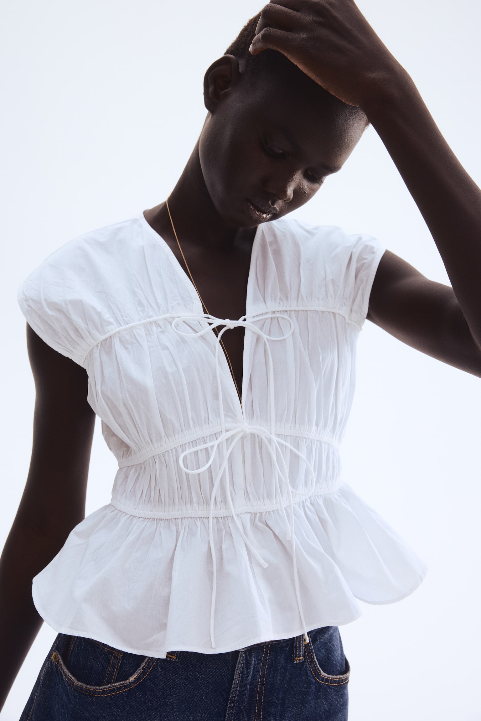 Büzgü Bağlı Poplin Bluz - Beyaz/Beyaz/Mavi çizgili - 4