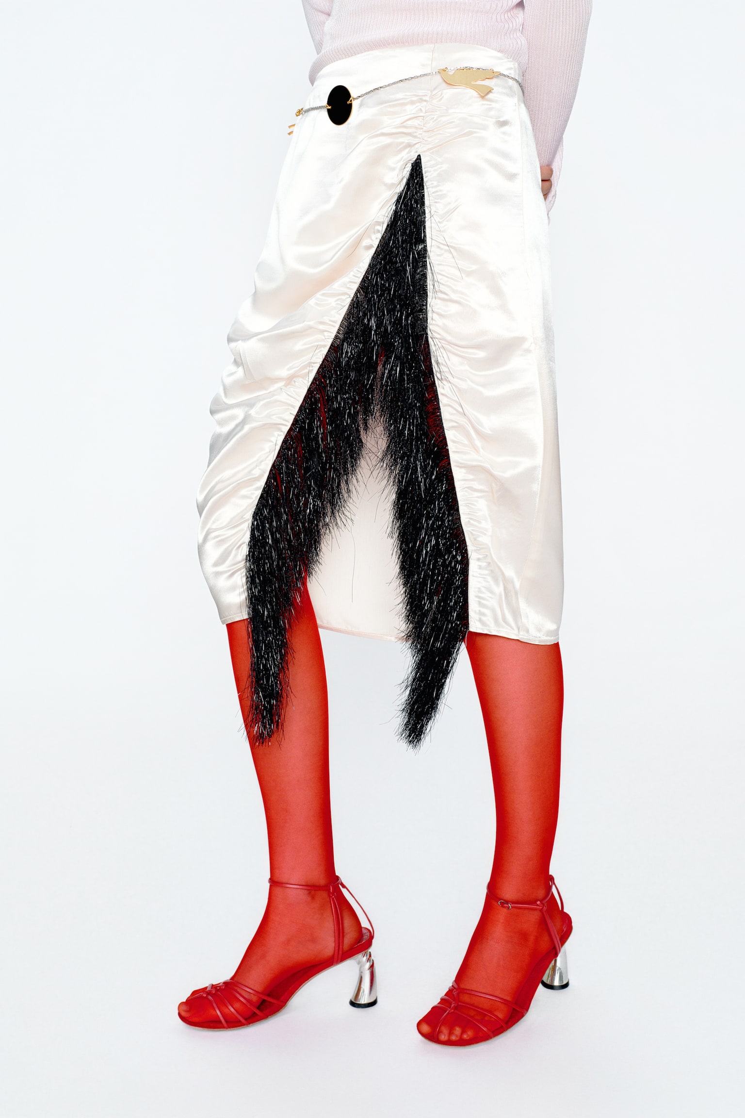 Fringe-trimmed satin skirt - Cream/Burgundy - 4