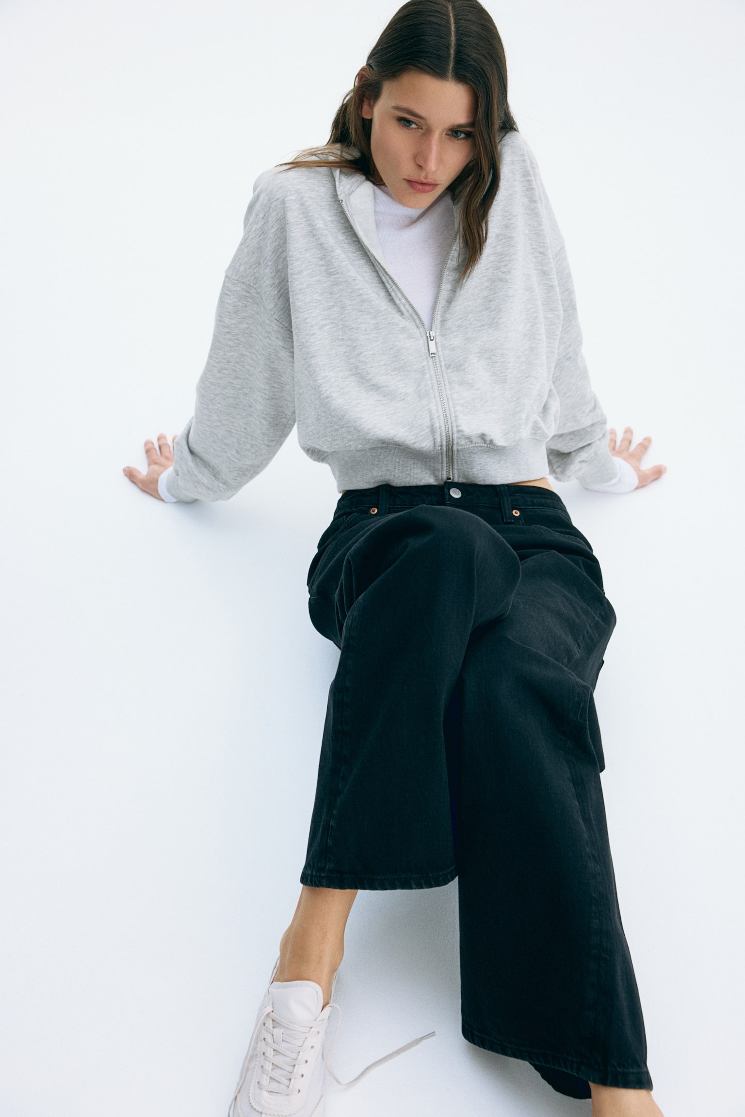 Short zip-through hoodie - Light grey marl/Dark dusty pink/Black/Dark brown - 3