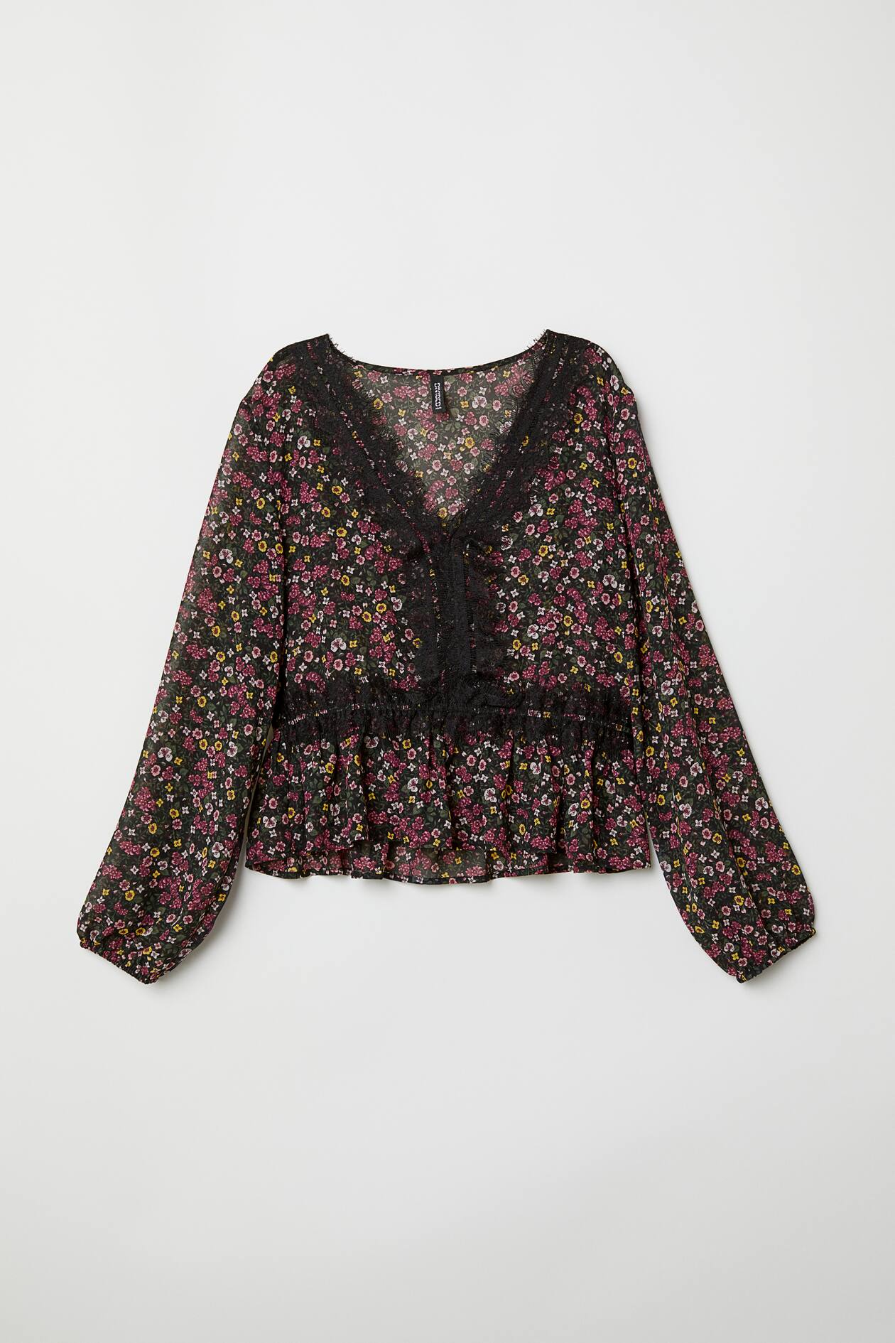 V-neck blouse - V-neck - Long sleeve - Black/Floral - Ladies | H&M GB