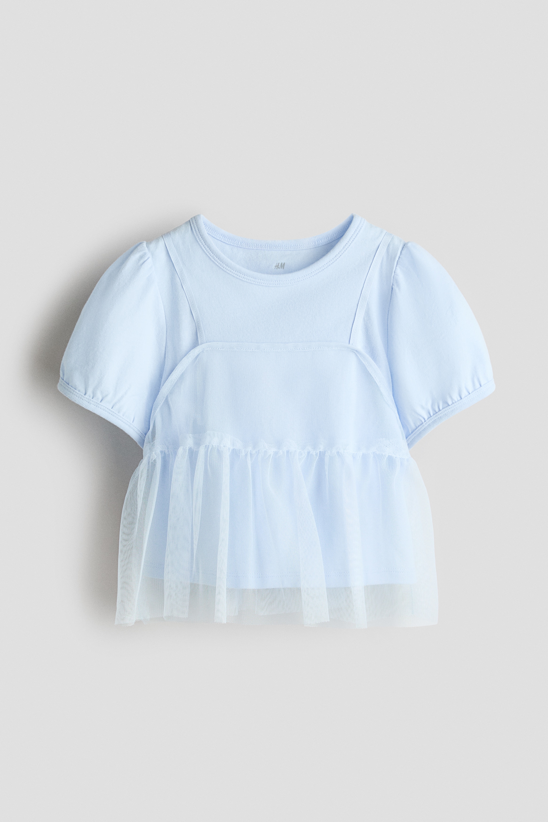 Puff-sleeved layered top - ライトブルー/ホワイト