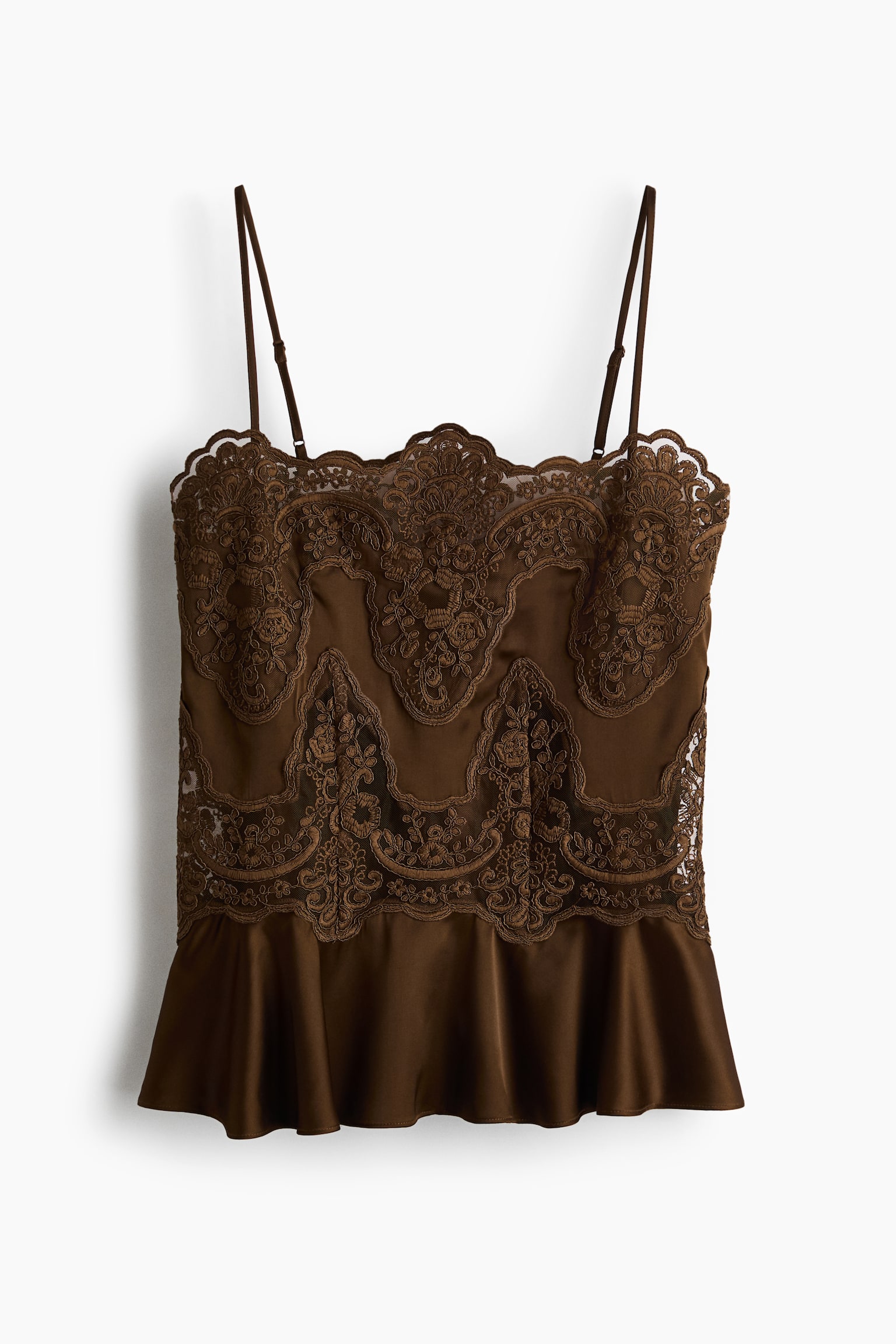 Lace-Detail Satin Top - Brown