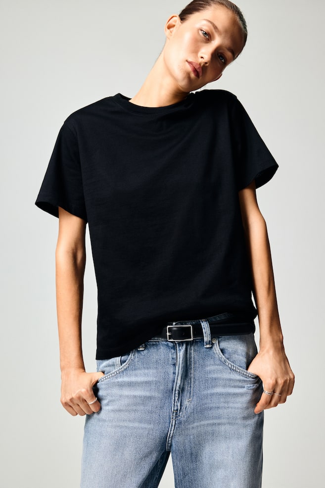 Cotton T-shirt - Black/White/Navy blue/Light turquoise/Light yellow/Light gray melange/White/navy blue striped/Dark dusty pink - 2