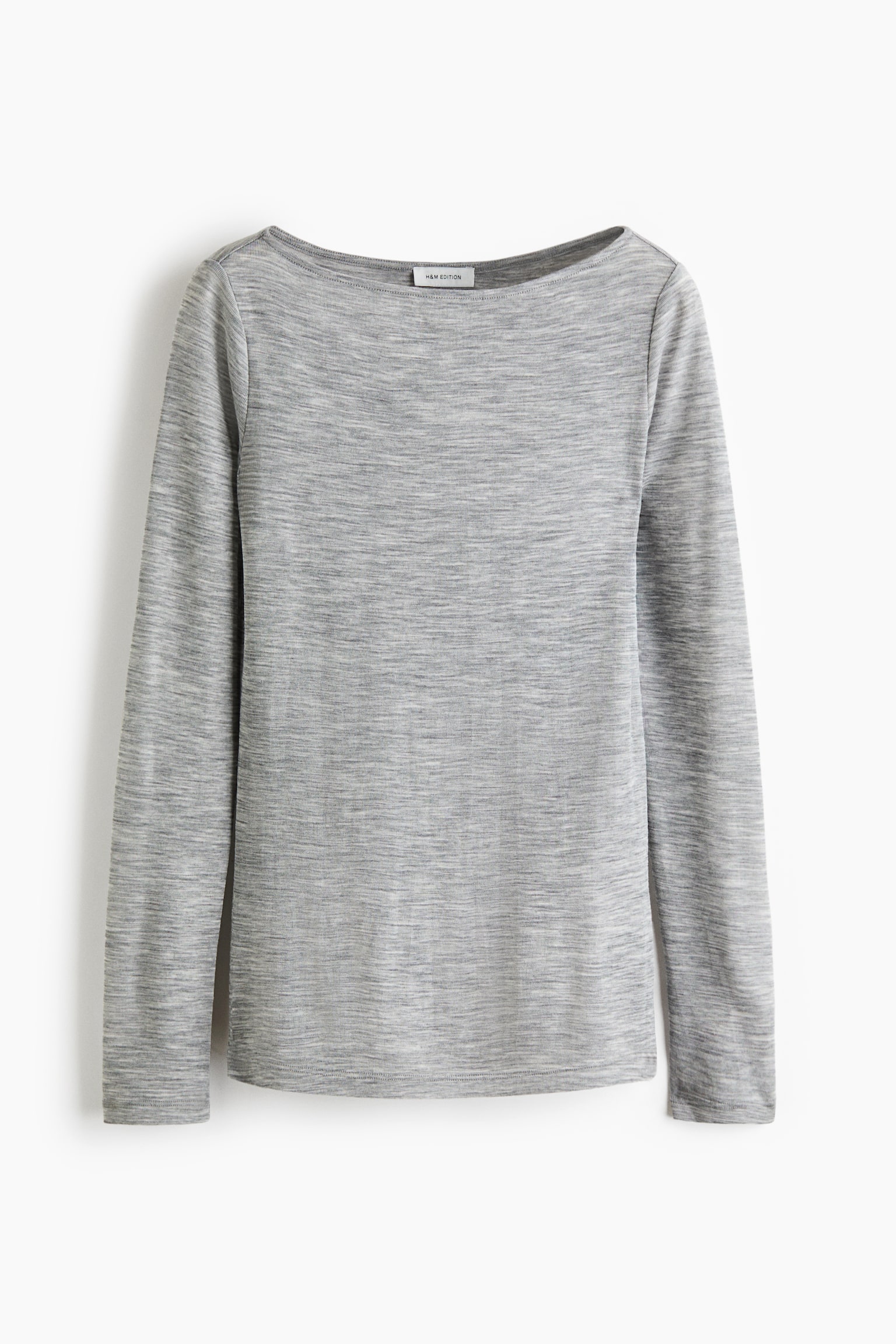 A long-sleeved top in heather grey rib-knit wool is shown from the front, featuring a wide boat neckline, long sleeves, and a straight hem.