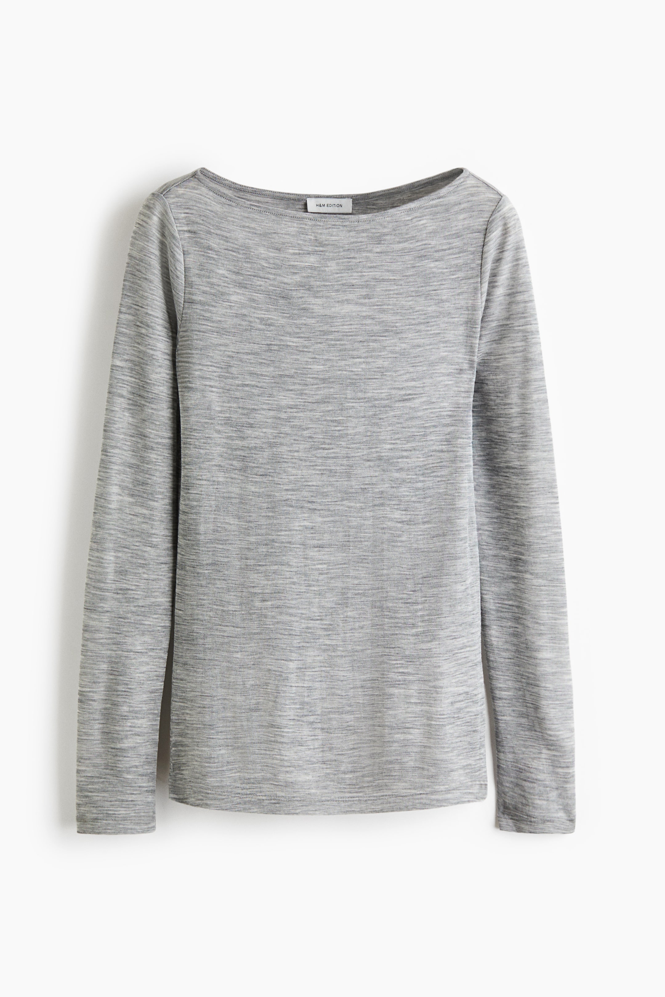 View larger image: A long-sleeved top in heather grey rib-knit wool is shown from the front, featuring a wide boat neckline, long sleeves, and a straight hem.