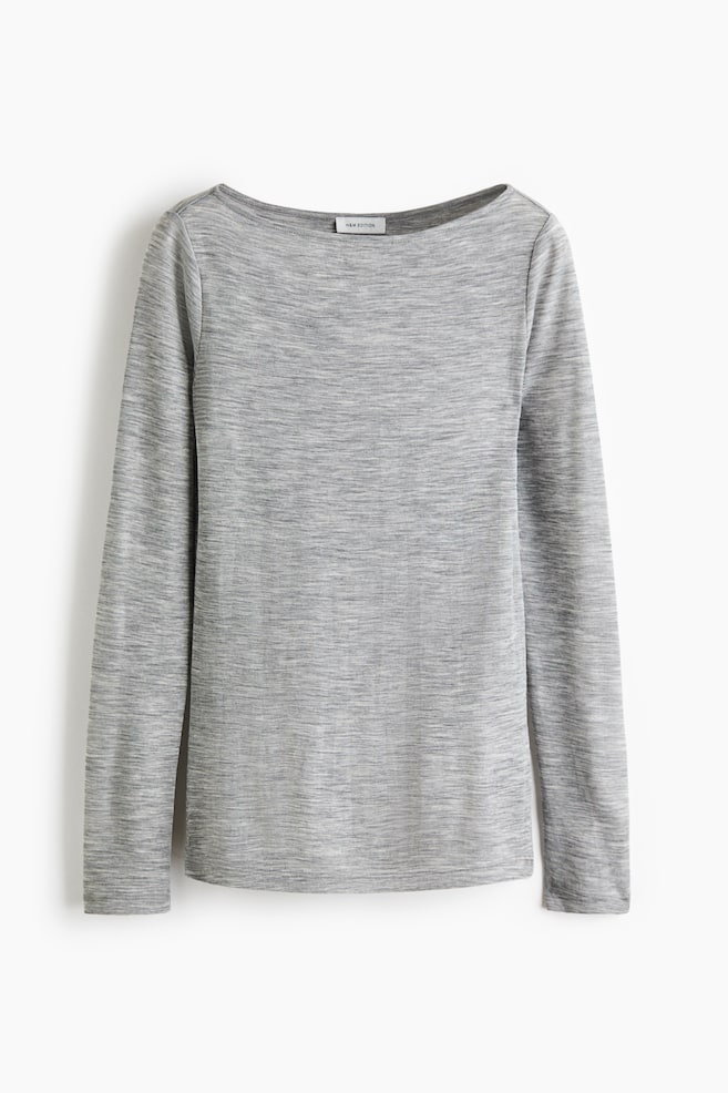A long-sleeved top in heather grey rib-knit wool is shown from the front, featuring a wide boat neckline, long sleeves, and a straight hem. - 1
