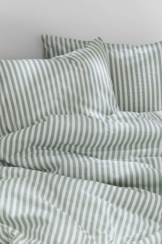 Cotton double/king duvet cover set - Green/Striped/Black/Striped/Light greige/White striped/Light blue/Striped - 3