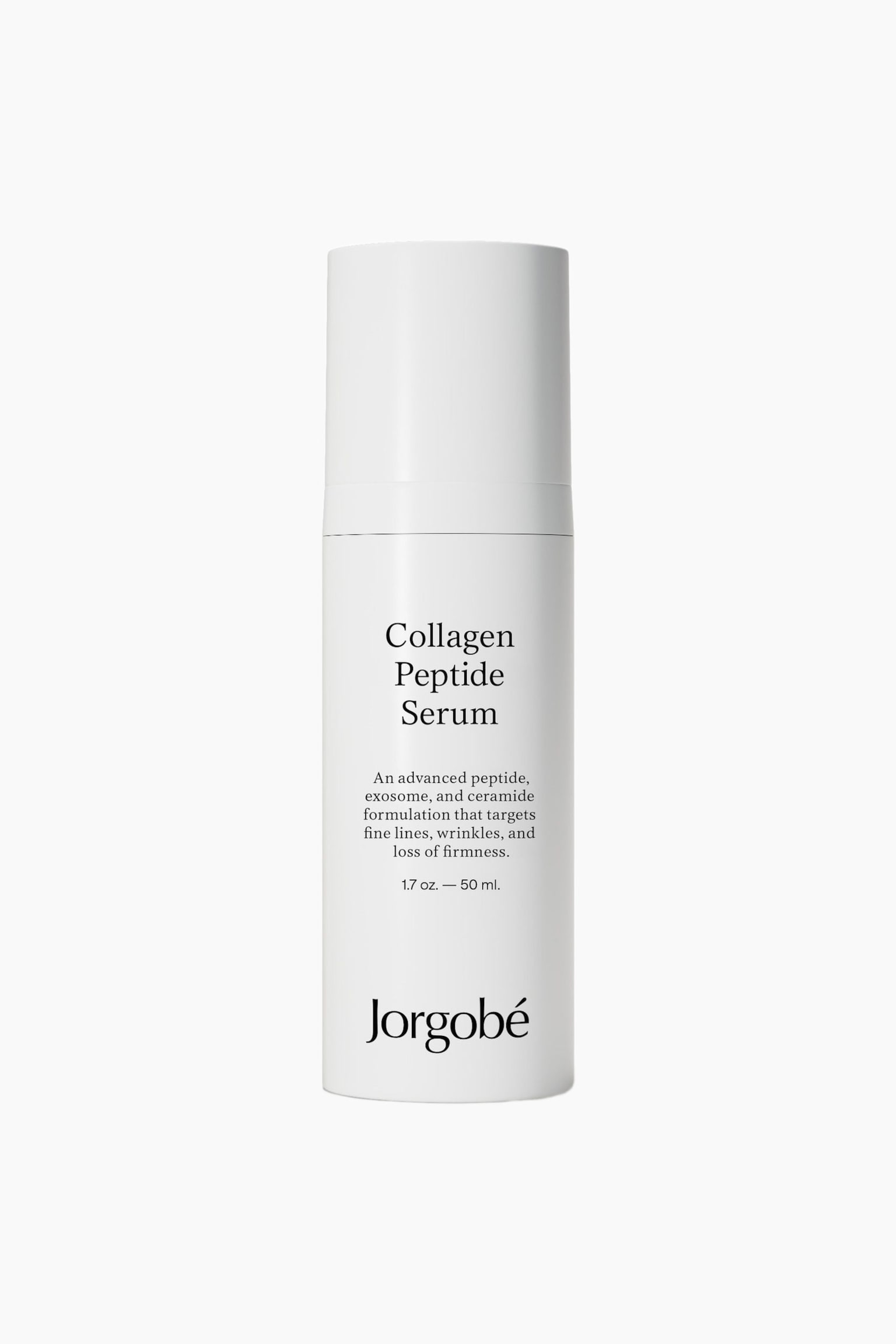 En cylindrisk vit flaska med Jorgob Collagen Peptide Serum stÃ¥r upprÃ¤tt och vÃ¤nd rakt framÃ¥t, med ett matchande vitt lock och svart tryckt text pÃ¥ framsidan. Texten visar produktnamnet, formuleringens detaljer och varumÃ¤rkesnamnet "Jorgob" lÃ¤ngst ned. - 1