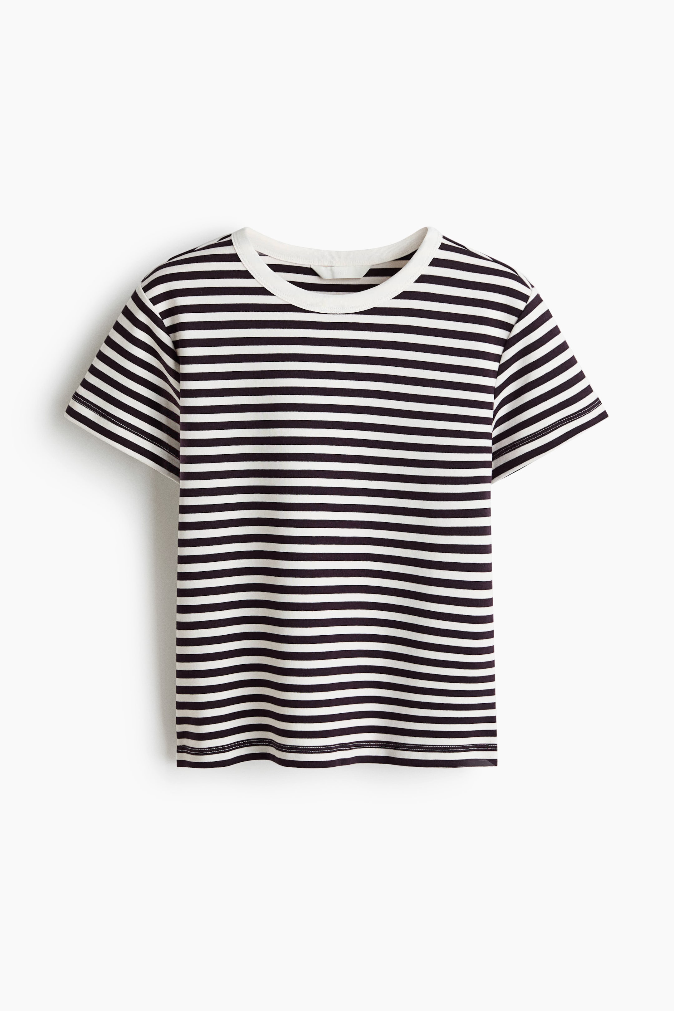 View larger image: A T-shirt features horizontal black and white stripes, including a white ribbed round neckline and short sleeves.
