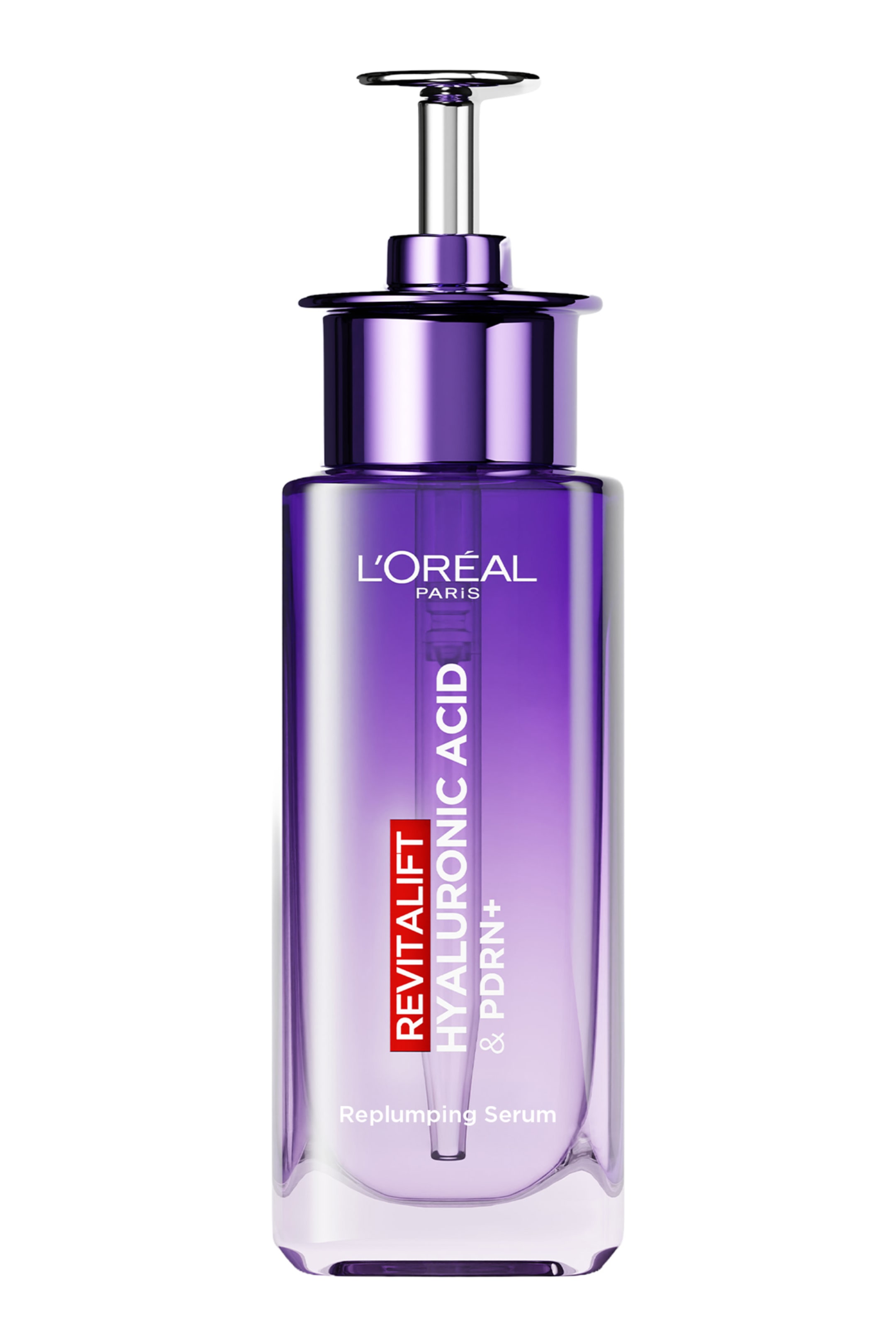 Näytä suurempi kuva: L'Oréal Paris Revitalift Hyaluronic Acid & PDRN+ Replumping Serum -pullo seisoo pystyasennossa ja esittelee kirkasta lasimuotoilua, jossa on violetti liukuväri: syvän violetista ylhäältä vaalean violettiin alhaalla. Pullossa on metallinhohtoinen violetti pumppumekanismi hopeisella varrella, ja etupuolella näkyy pystysuuntainen valkoinen ja punainen teksti sekä sisällä erottuva lasinen pipettiputki.