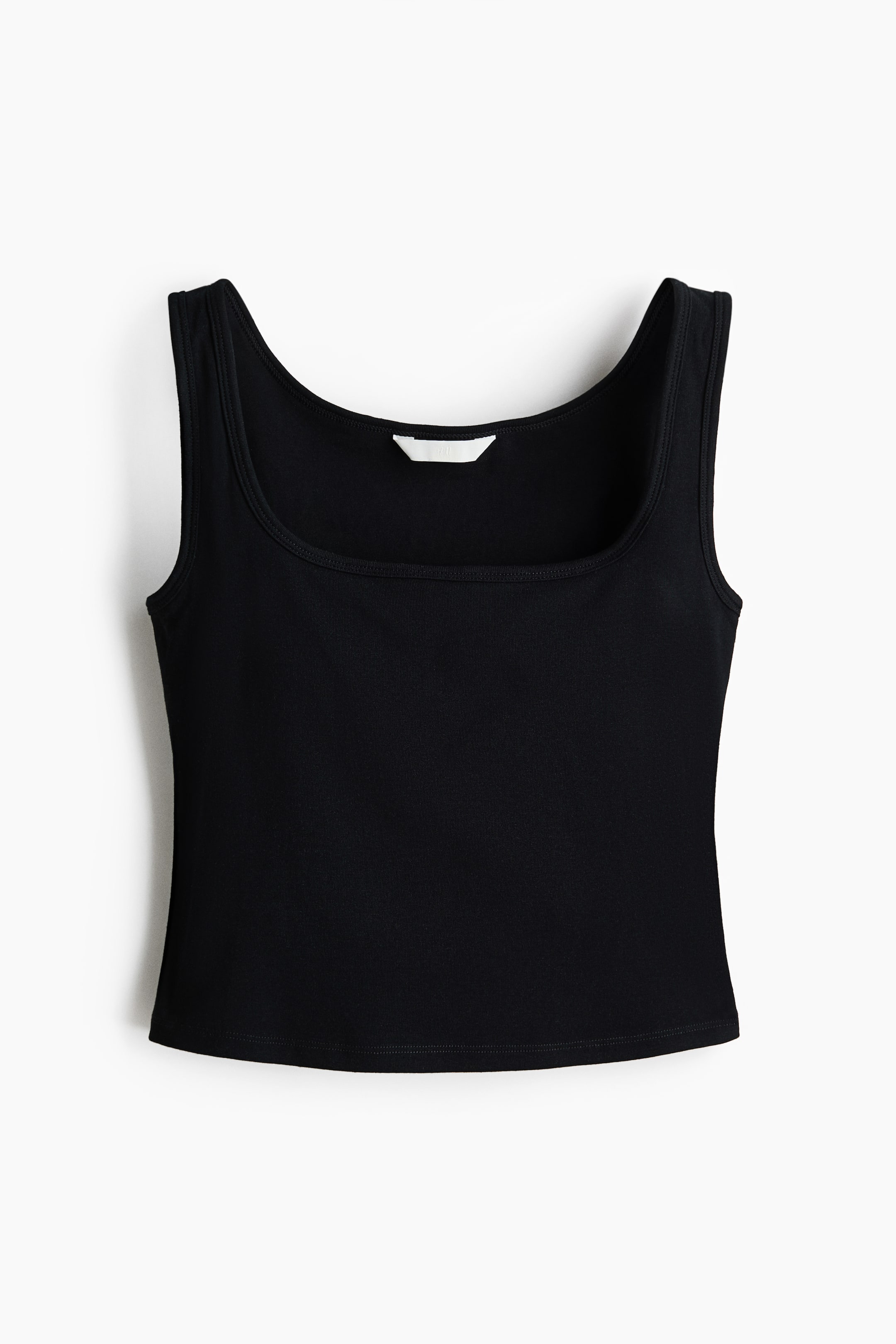 View larger image: A black, short, fitted vest top is displaying as front, featuring a square neckline and a straight-cut hem.