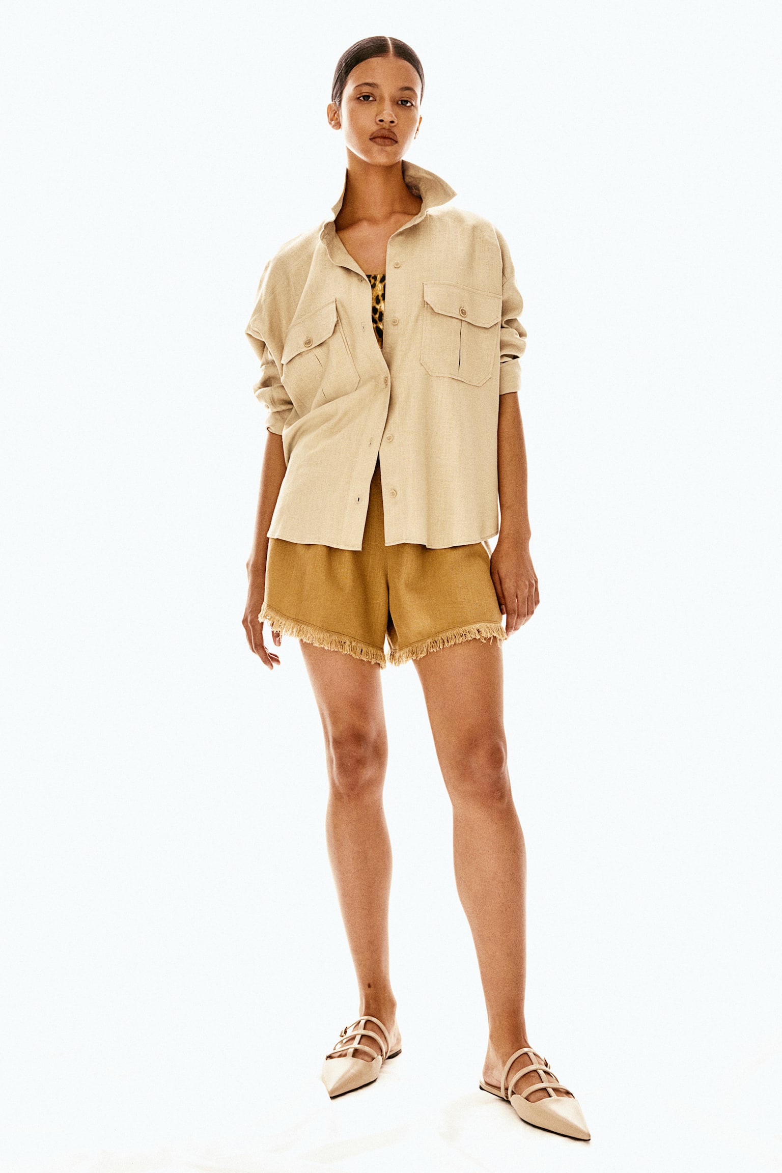 Oversized Linen Blend Cargo Shirt - Beige/Light beige/Dark grey - 3