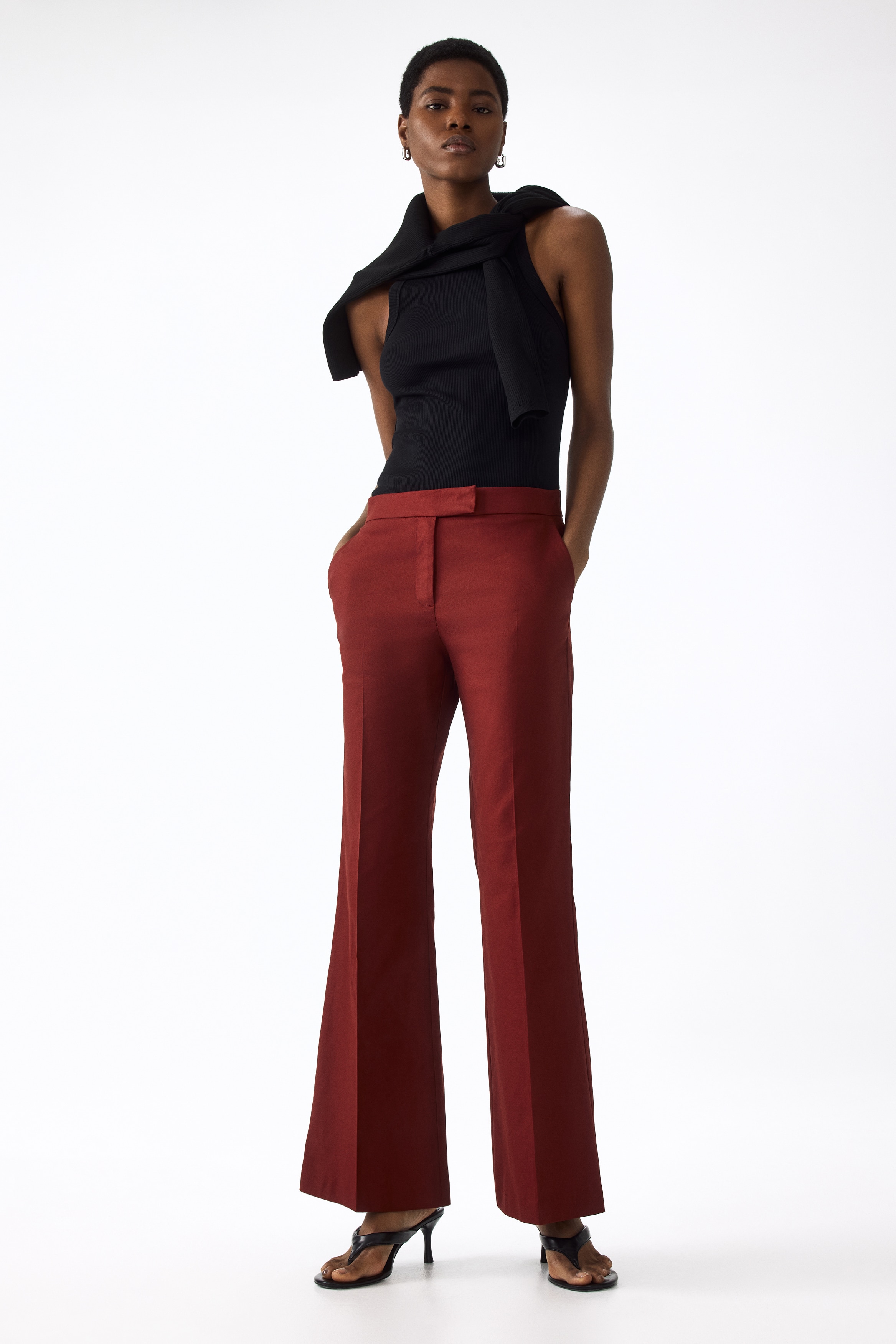 Linen-blend tailored trousers - Dark red/White/Dark brown