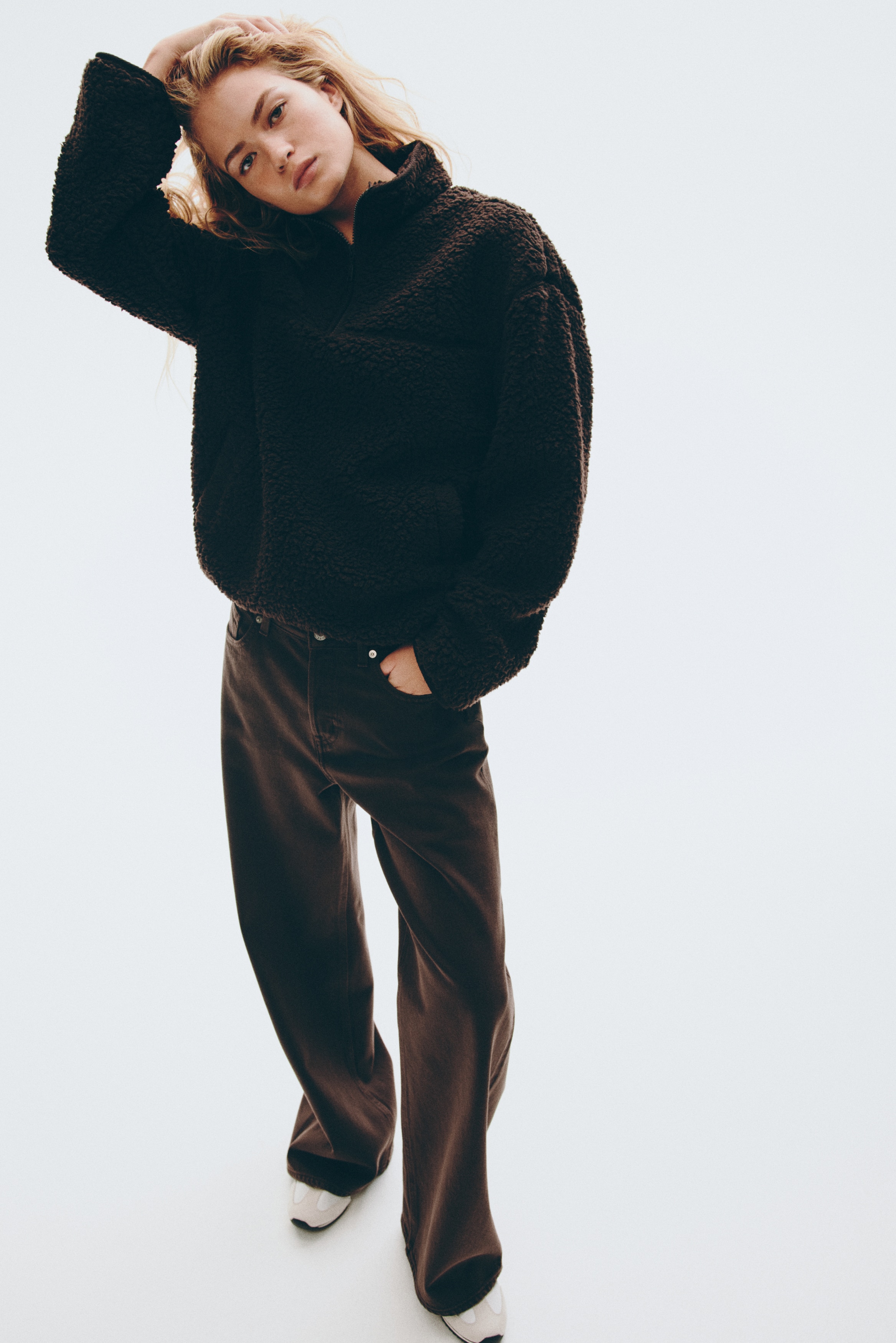 Half-Zip Teddy Fleece Sweatshirt - Dark brown - Ladies | H&M US