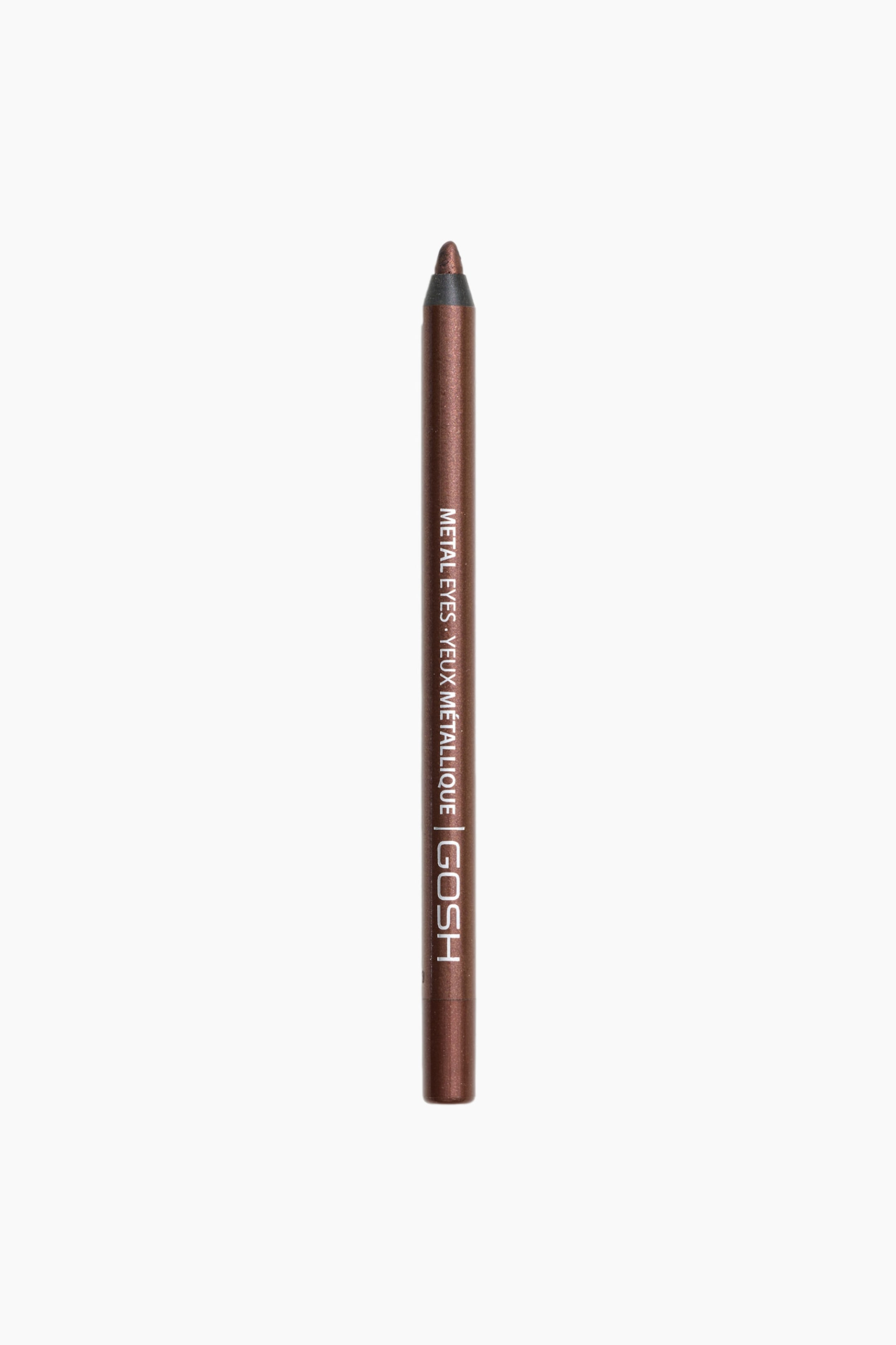 Näytä suurempi kuva: Eyeliner-kynä on kuvattu pystyasennossa. Siinä on metallinhohtoinen pronssinvärinen runko ja samanväriseksi teroitettu kärki. Sivussa kulkee pystysuoraan valkoinen teksti: ”METAL EYES � YEUX M�TALLIQUE | GOSH”.
