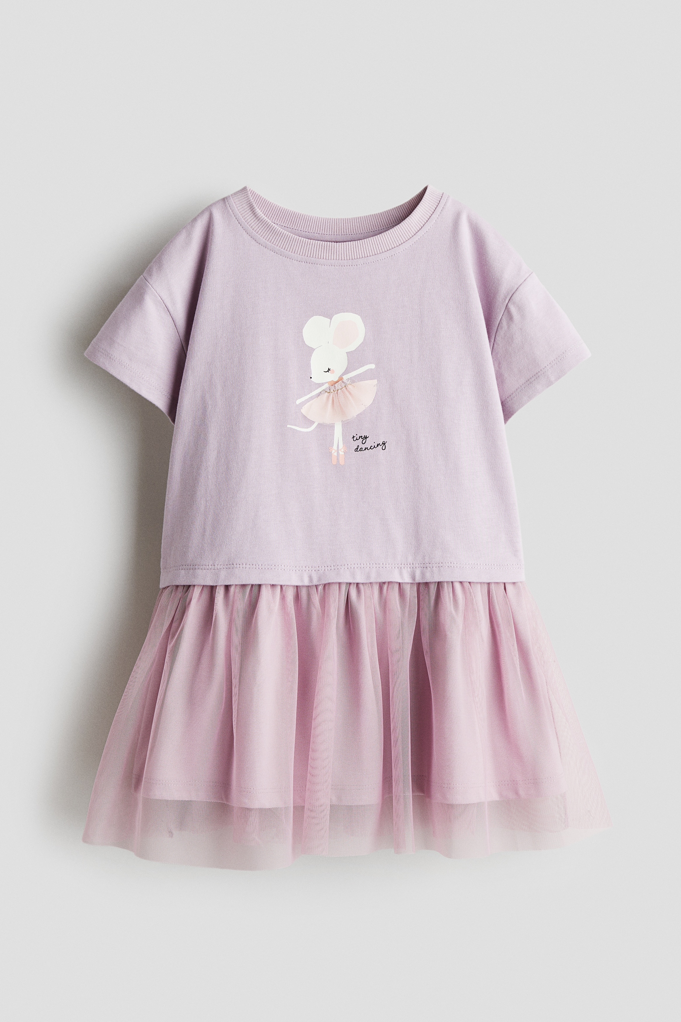 Kjole med tyllskjørt og trykt motiv - Mørk tåkerosa/Tiny Dancing/Lys rosa/Friends Forever