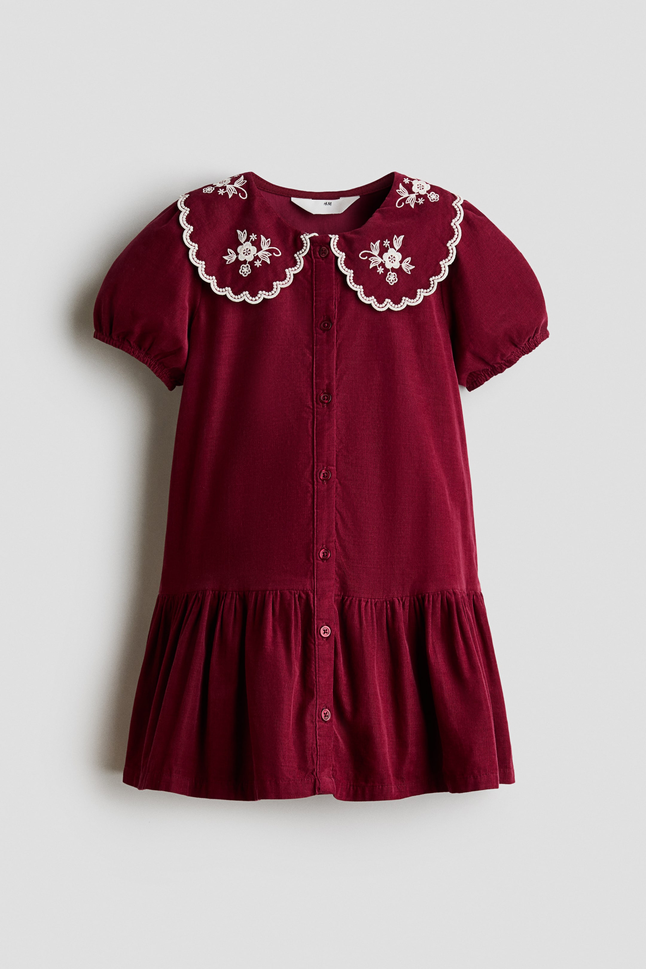 View larger image: Embroidery-detail corduroy dress - Dark red/Flowers - Kids | H&M 1