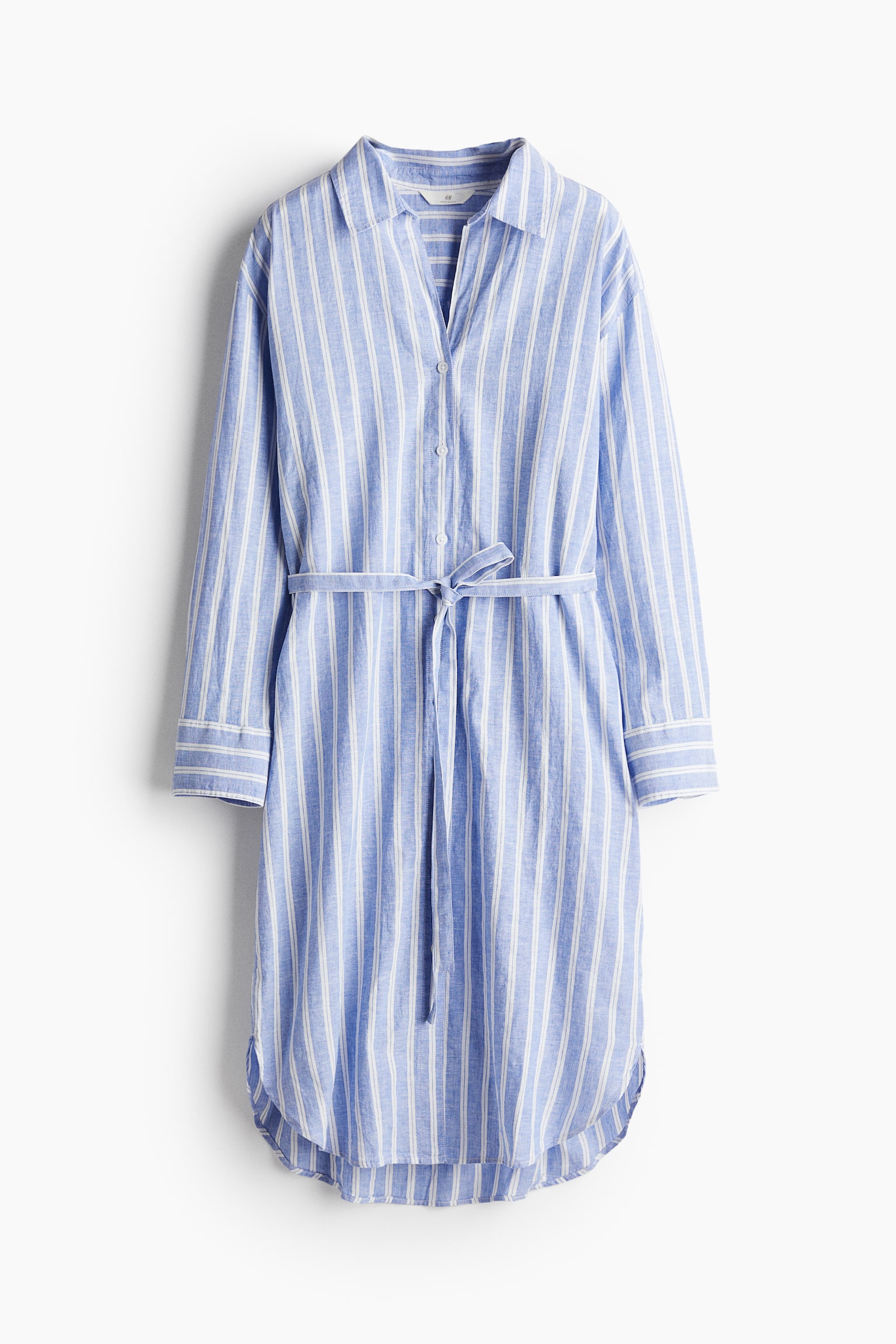 Linen Blend Shirt Dress - Blue/Stripe/Blue - 2