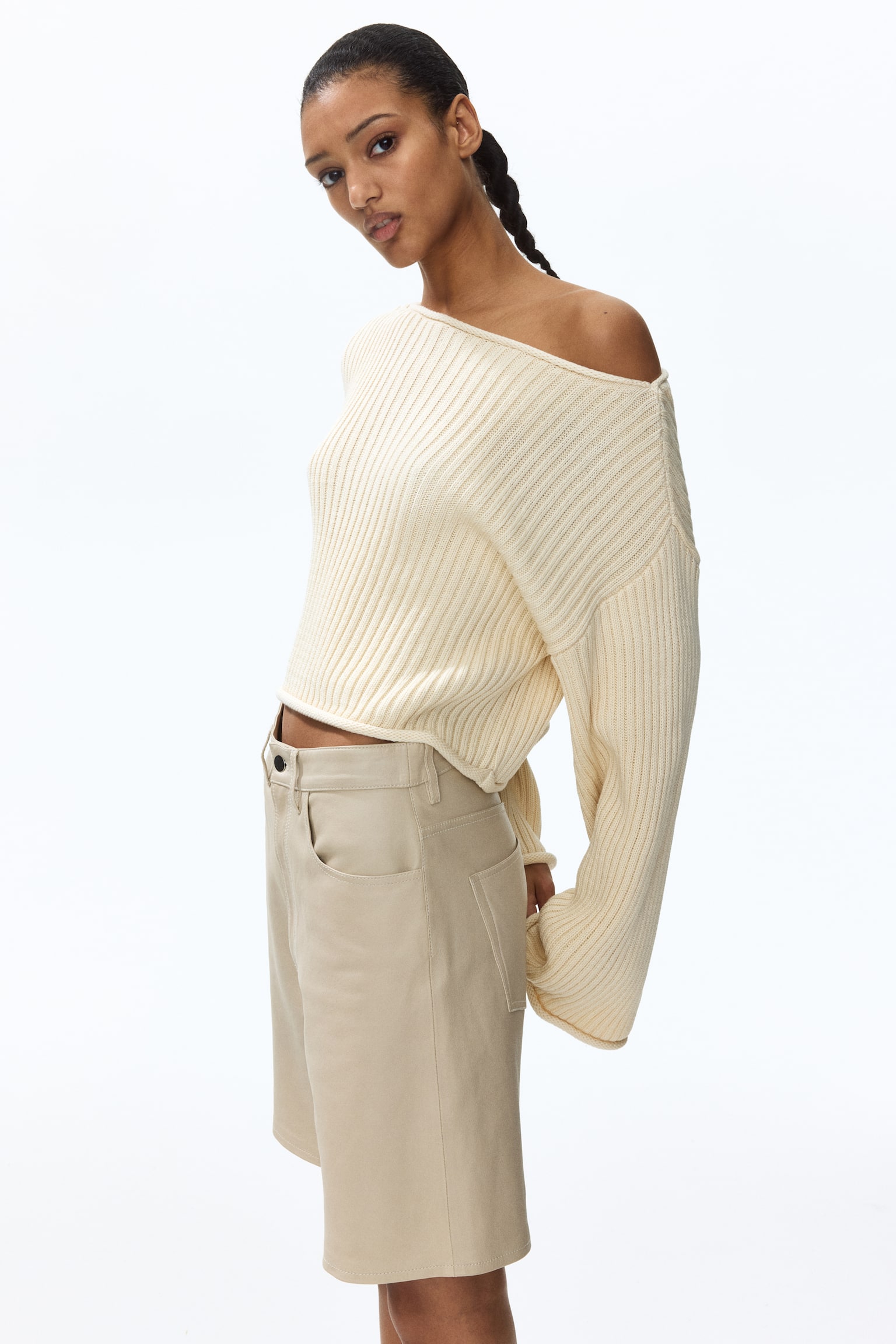 Rib-knit boat-neck jumper - Light beige/Dark green - 1