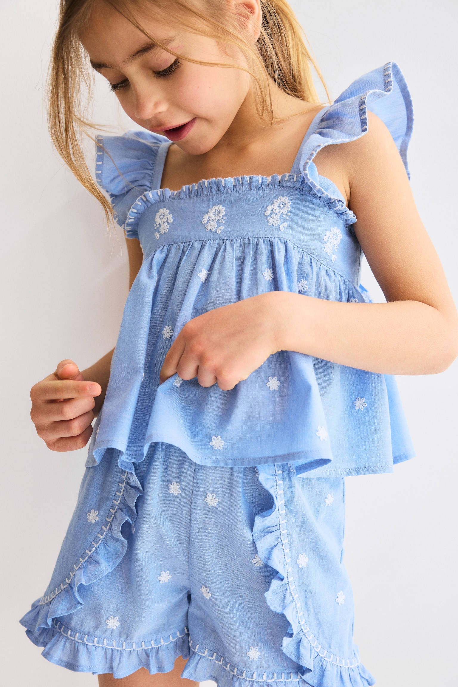 2-piece embroidered cotton set - Light blue/Floral - 4