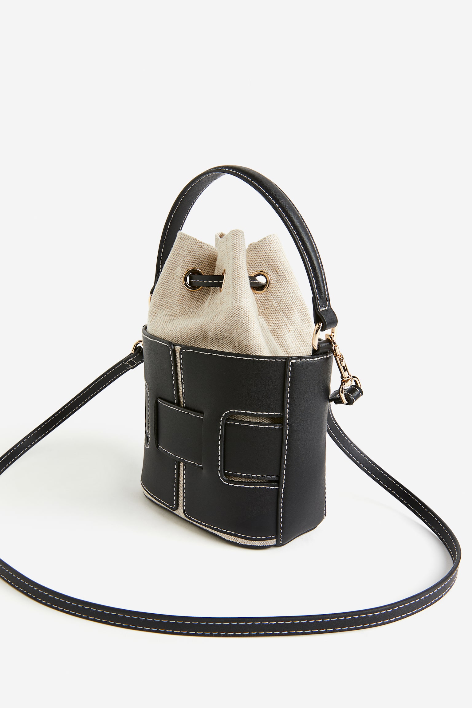 Crossbody Bucket Bag - Black/Light beige/Brown/Beige - 3