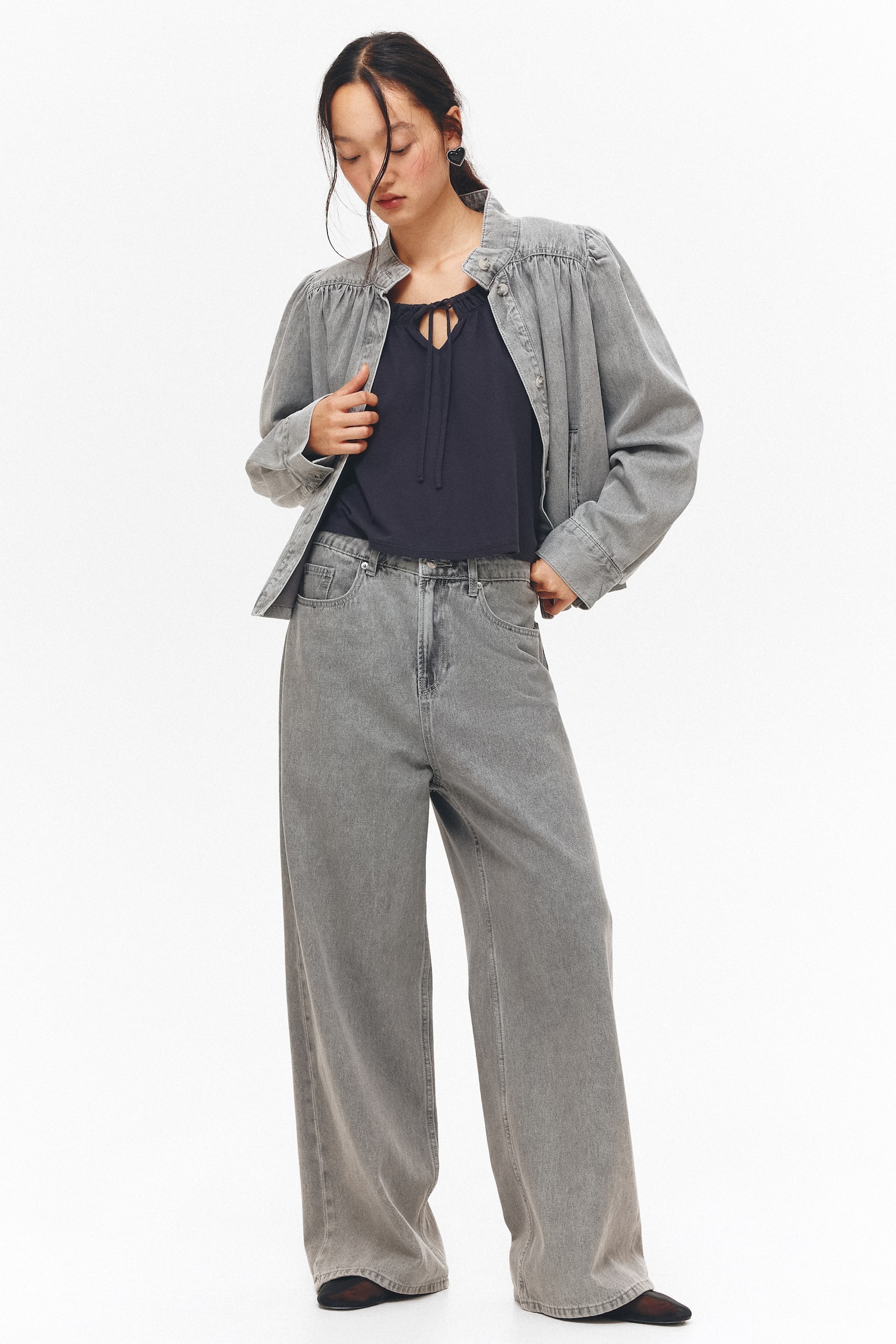 Gathered jersey top - Dark grey/Light grey marl/White/Striped - 4