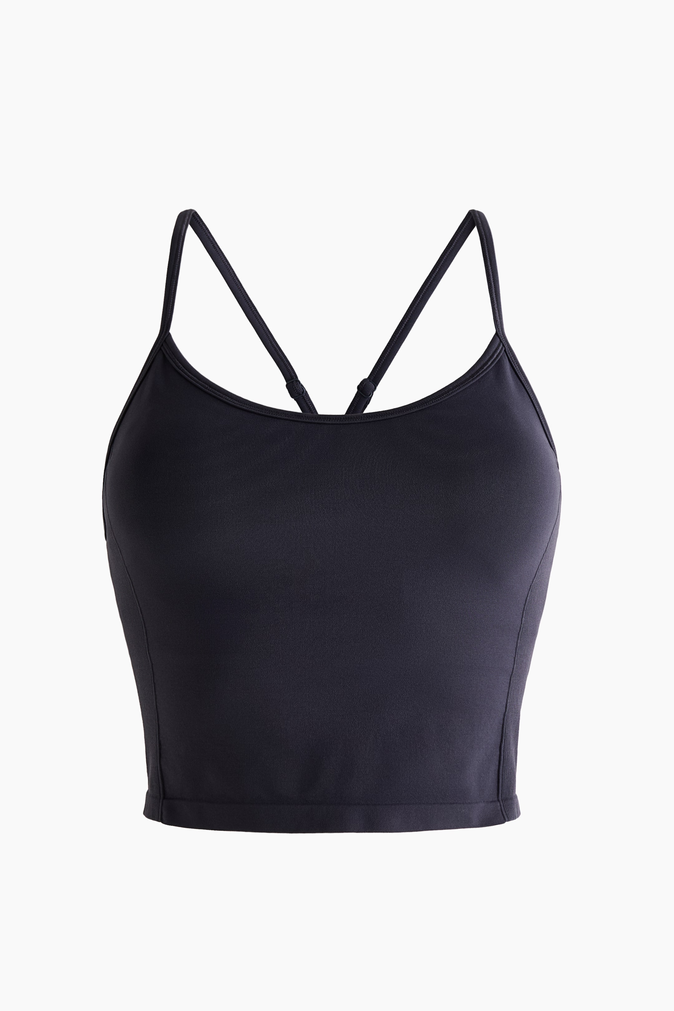 Ver imagen más grande: Un top camisola corto de color gris oscuro está orientado hacia el frente, mostrando un escote redondo y finos tirantes spaghetti ajustables que se cruzan en la espalda. El top entallado llega hasta el abdomen medio con un bajo ancho y de acabado limpio.