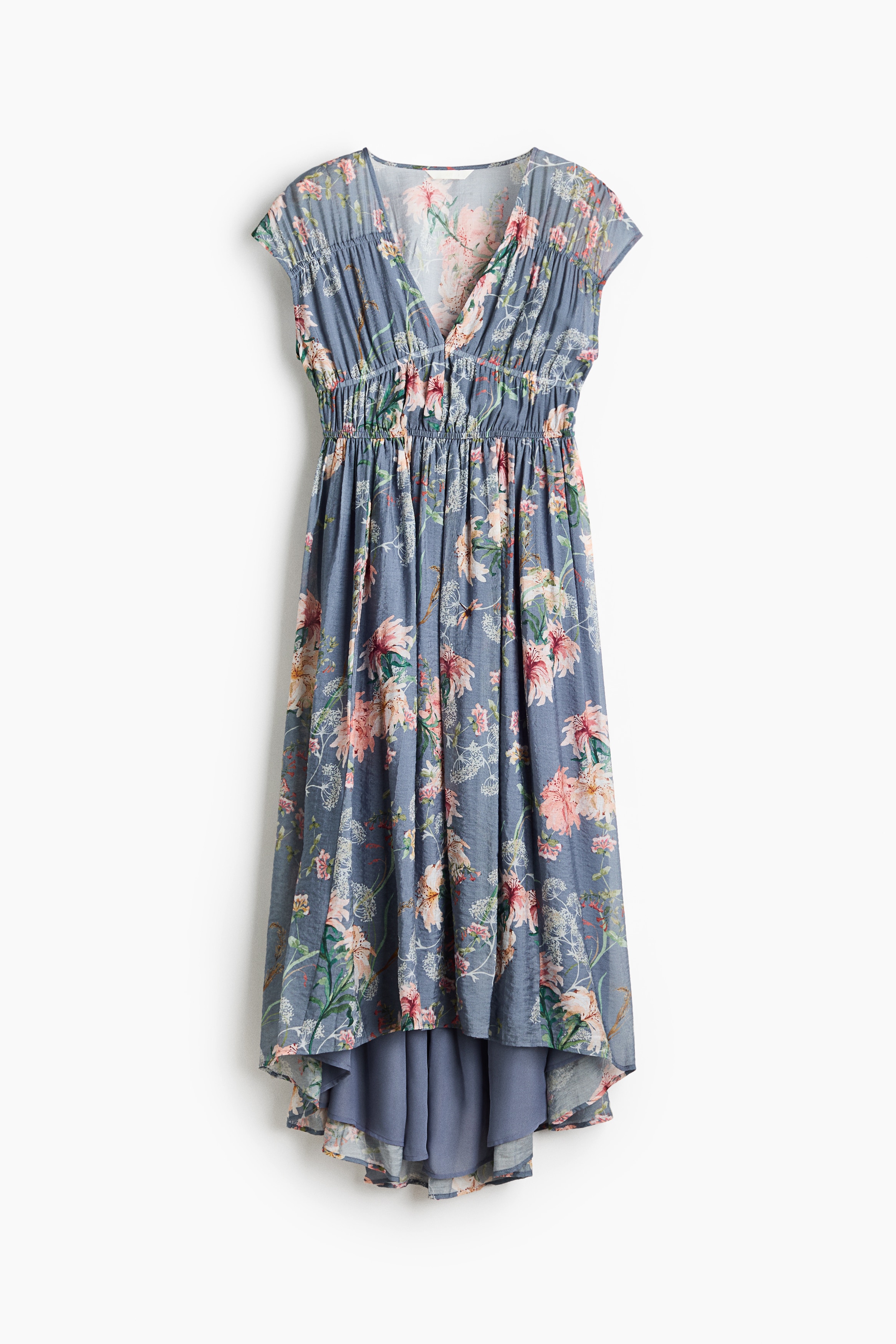 Vestido fruncido con manga japonesa - Azul empolvado oscuro/Floral/Beige claro/Floral