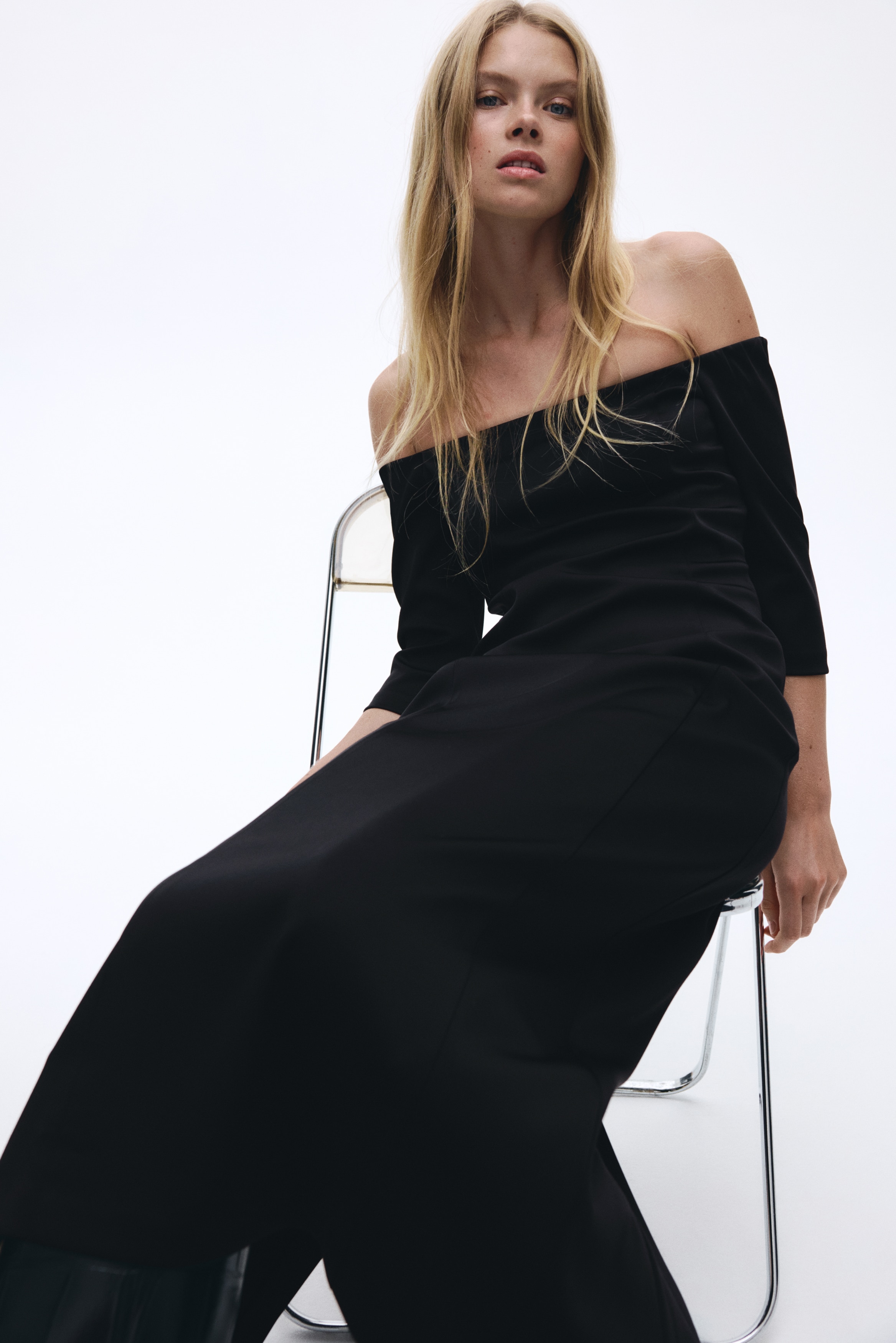 off shoulder black dress outfit Chana Off Shoulder Mini Dress in Black Rib with Lace Trim