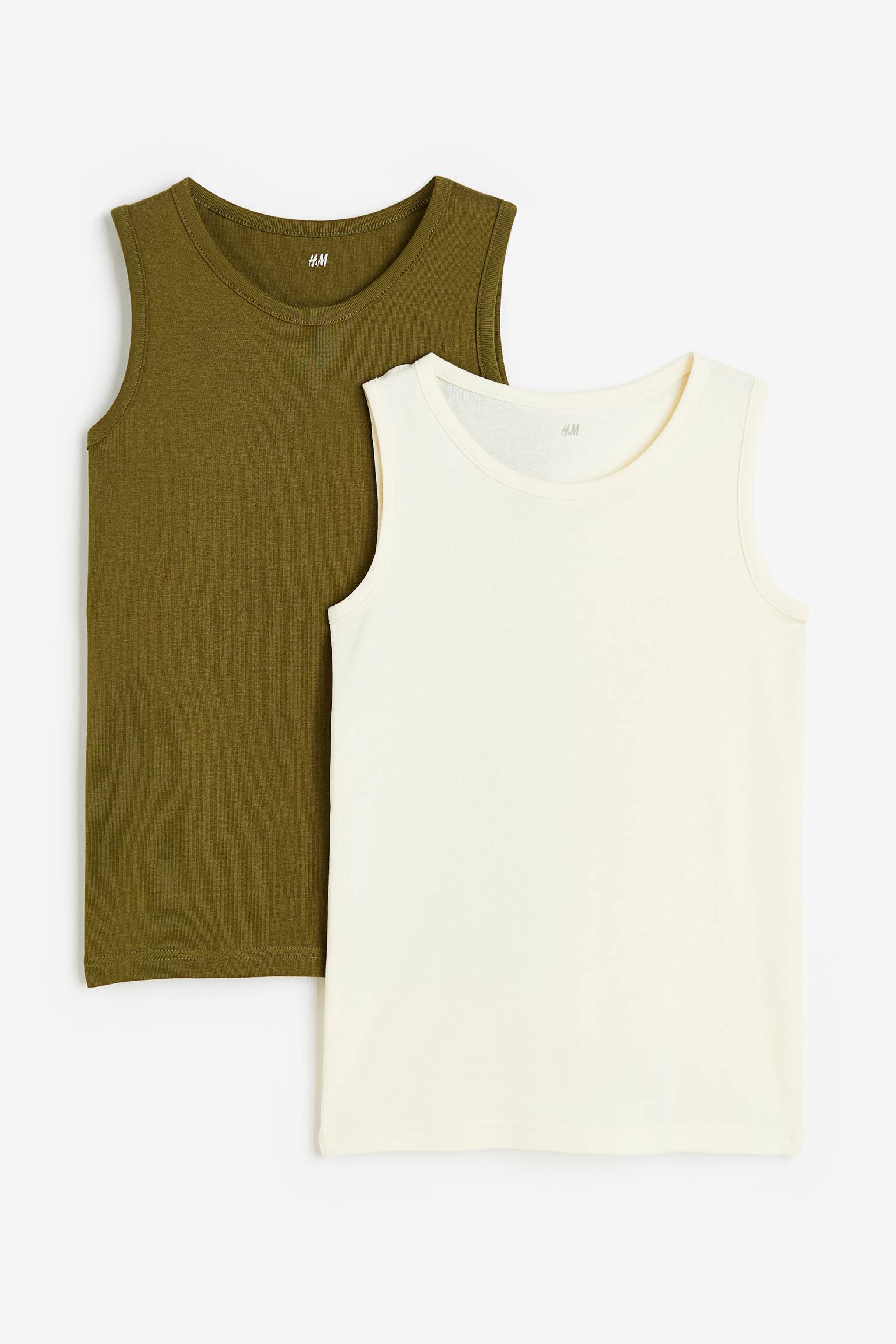 2-pack cotton vest tops - Dark khaki green/White - 1